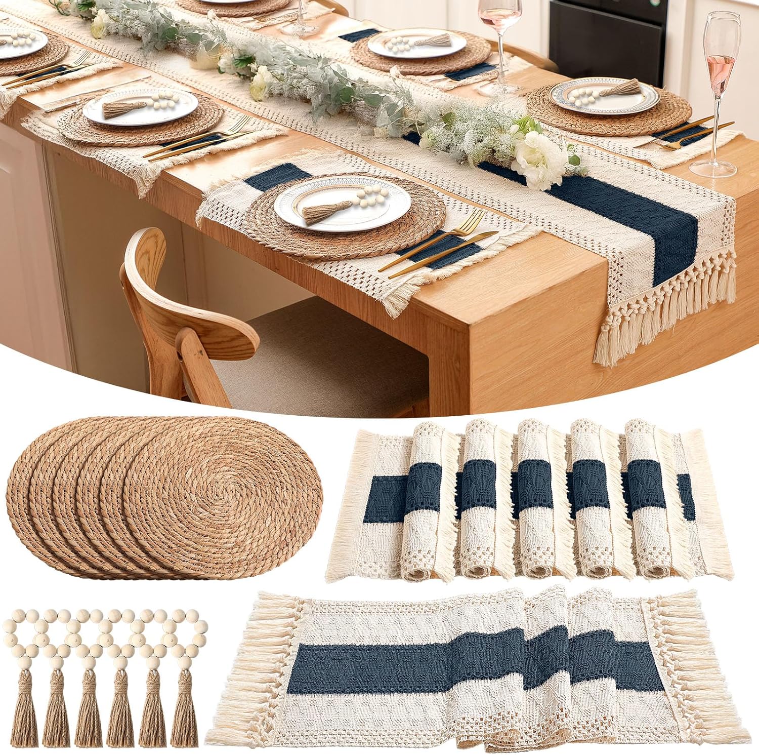 Set of 6 Table Runner and Placemats Boho Napkin Rings, Farmhouse Macrame Table Runner Rustic Round Woven Decorative Place Mats for Bohemian Kitchen Dining Tables Decor (Blue)