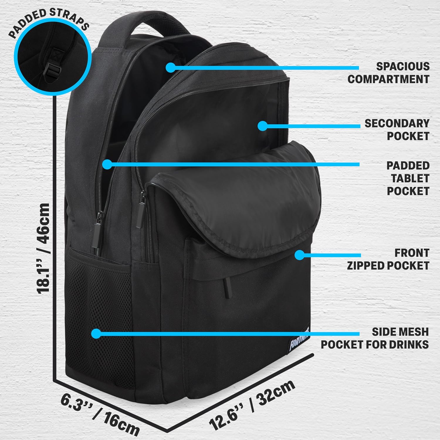 Get Trend Fortnite Kids Backpack, Boys Lightweight 18 inch Book Bag, Adjustable Padded Straps Travel School Bag, Gamer Gifts (Black Fortnite)