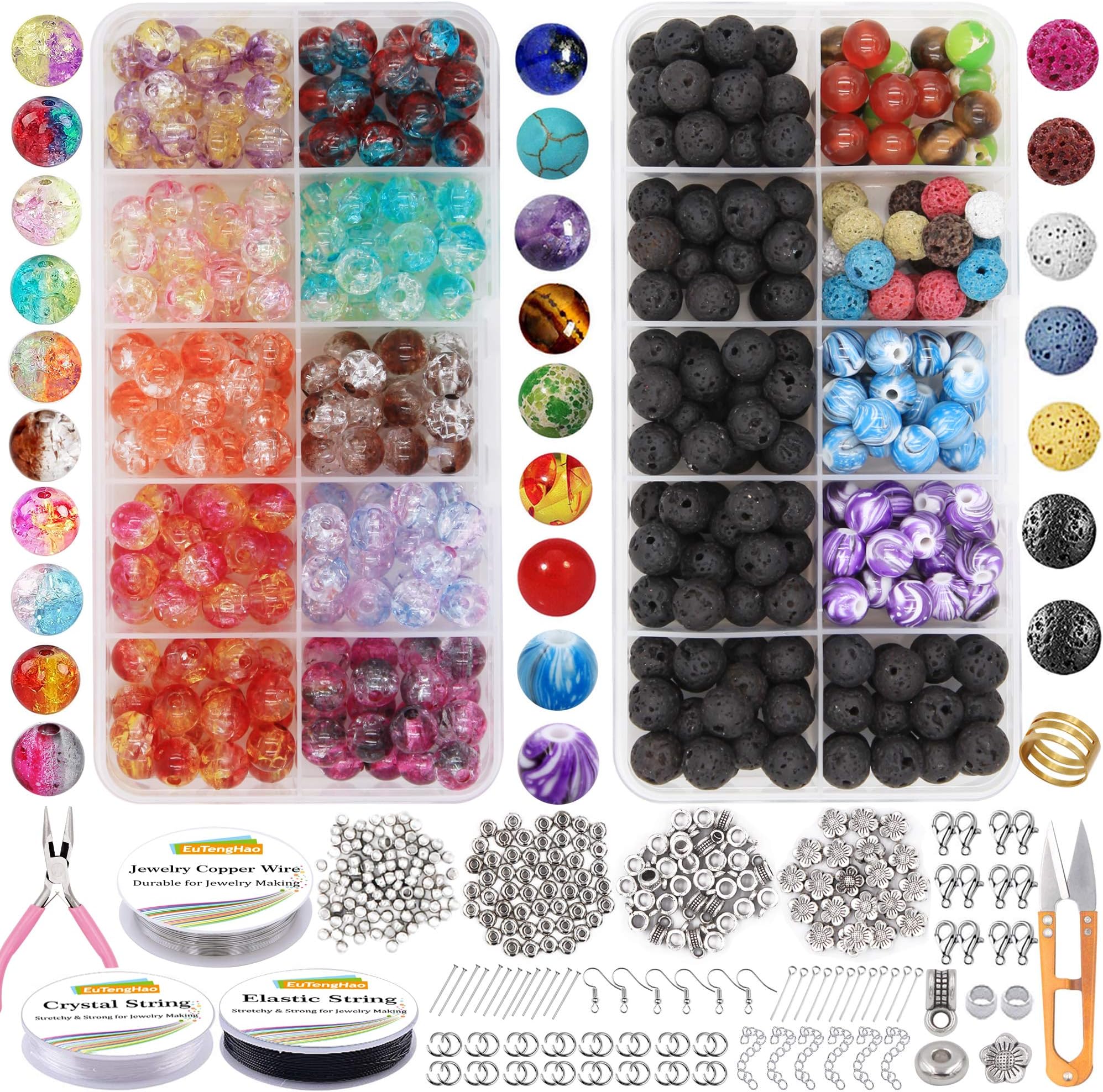 EuTengHao 878Pcs Lava Beads Chakra Beads Glass Crackle Beads Kit