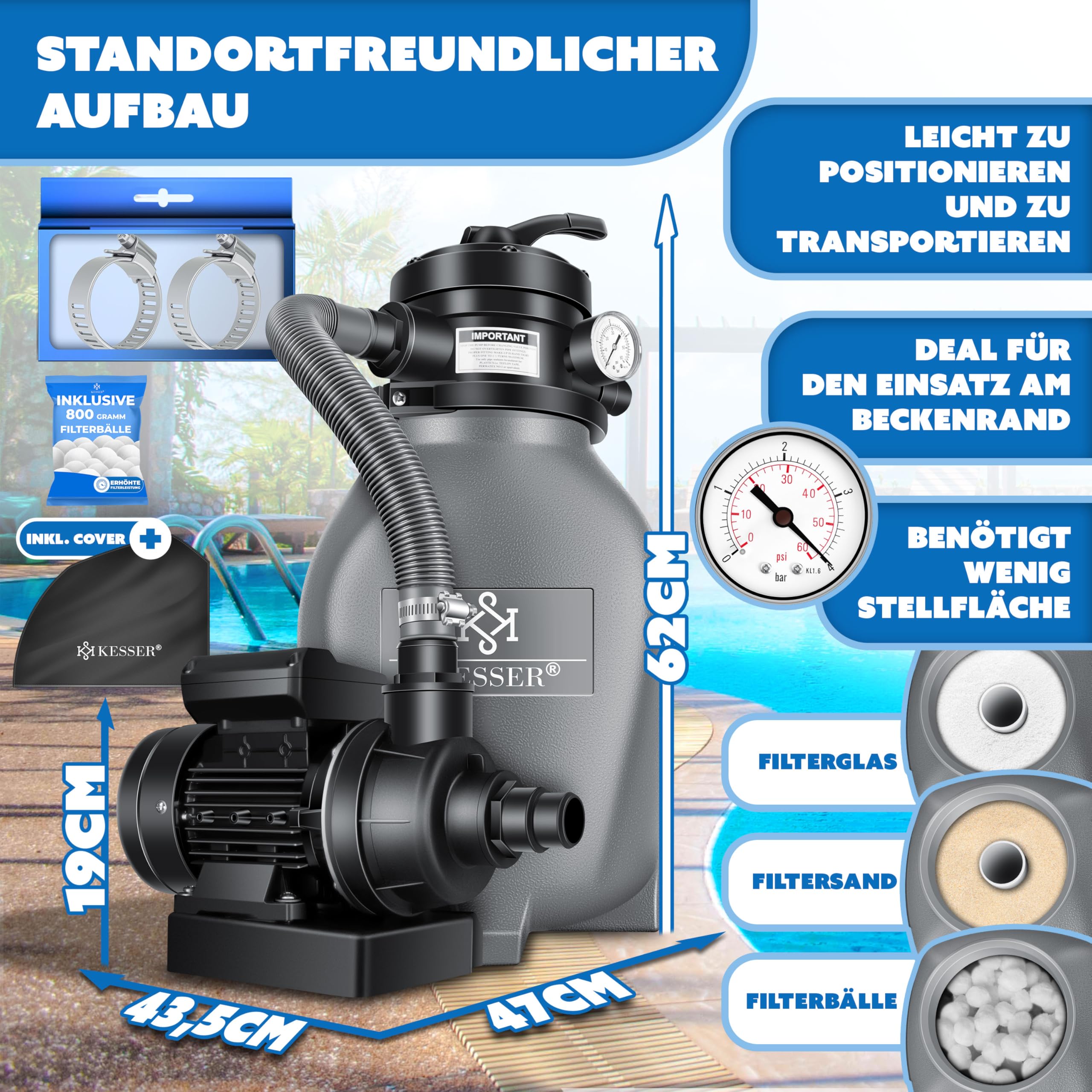 KESSER® Filtre à sable | Filtration à sable | Balles filtrantes de 700 g, remplacent 25 kg de sable filtrant | Filtre de piscine 10 mġ/h | Système de filtration | Réservoir filtrant pour piscine, Gris