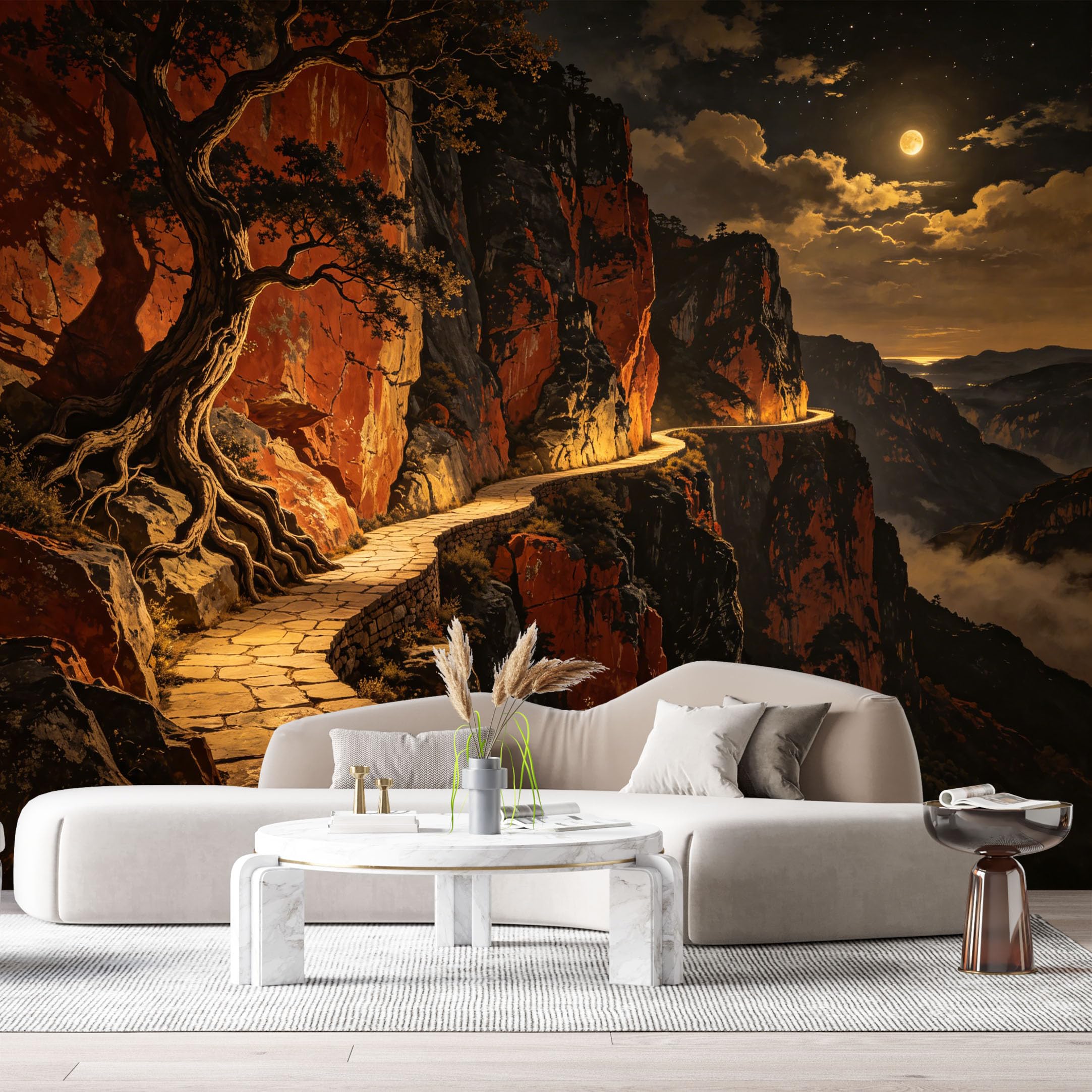 Custom Size Wall Murals Mountain Cliff Landscape Oil Painting Moonlit Path Rocky Canyon Night Sky SelfAdhesive Wall Fabric Removable Large Wallpaper for Photo Living Room