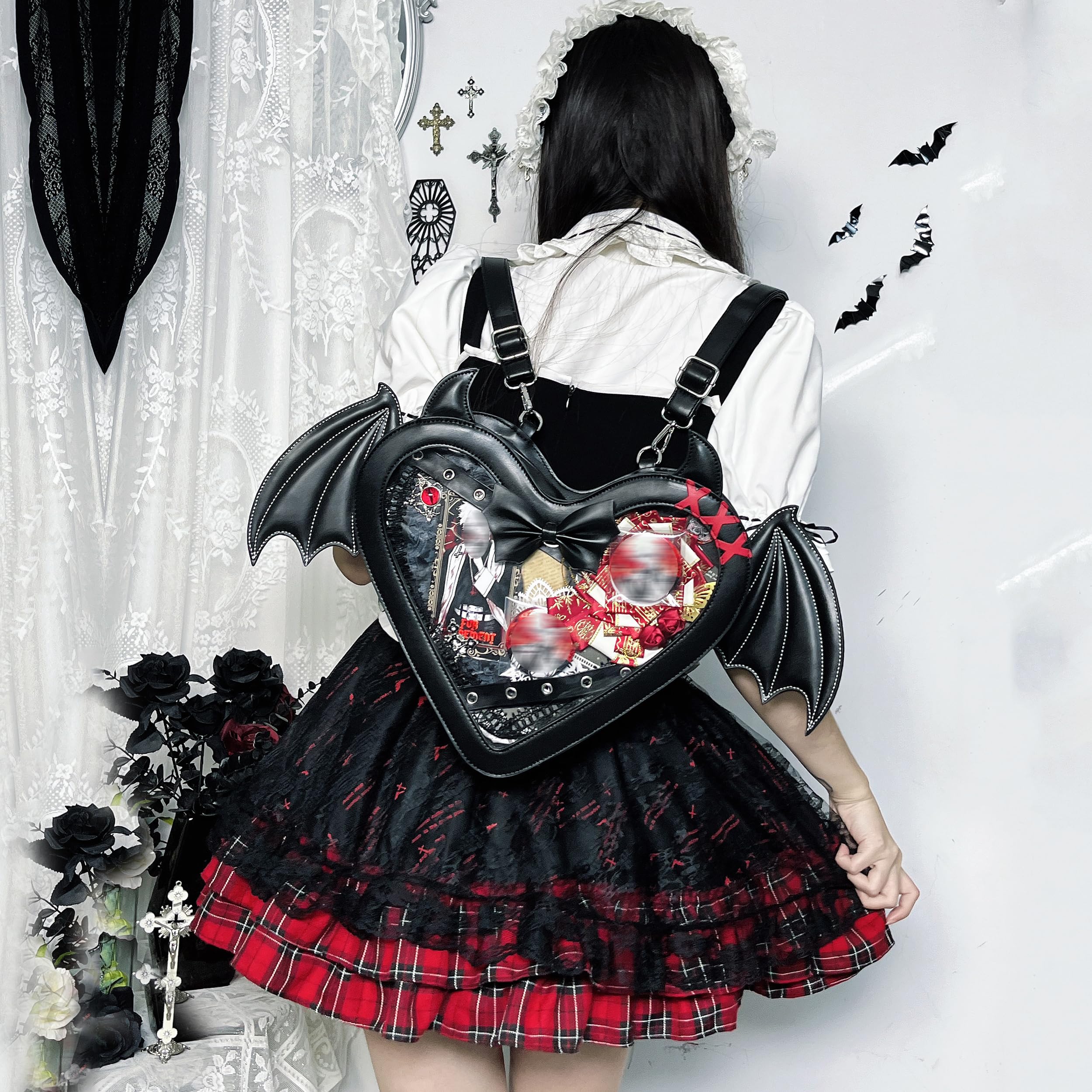 Gothic Dämonen-Herzförmiger Fledermausflügel-Rucksack für Frauen mit klarem Fensterdisplay, 3-Wege-Konvertible Neuheits-Schultertasche, Kawaii Goth-Accessoire