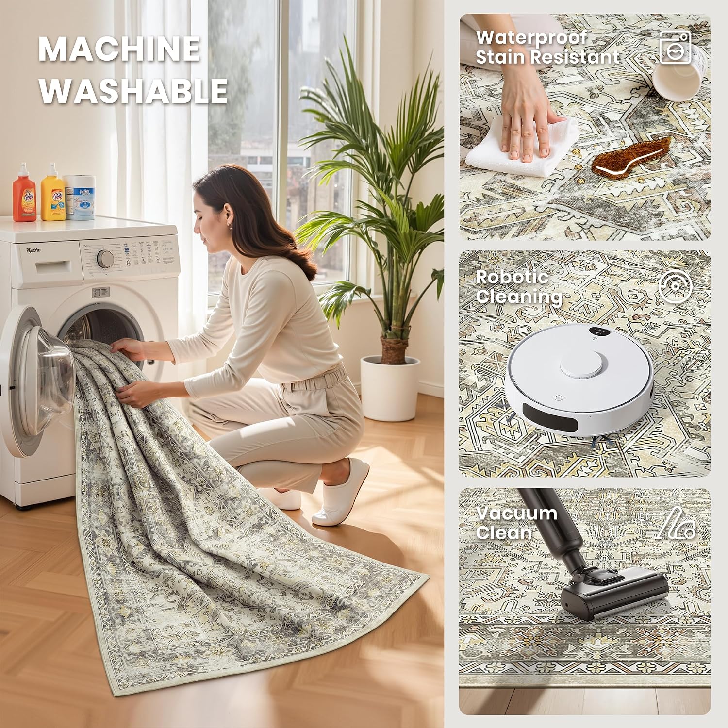 zesthome 5x7 Area Rugs - Ultra-Thin Washble Rug, Stain Resistant Anti Slip Backing Rugs for Living Room,Bedroom, Vintage Home Decor Area Rug (Beige/Brown,5'x7') thumbnail