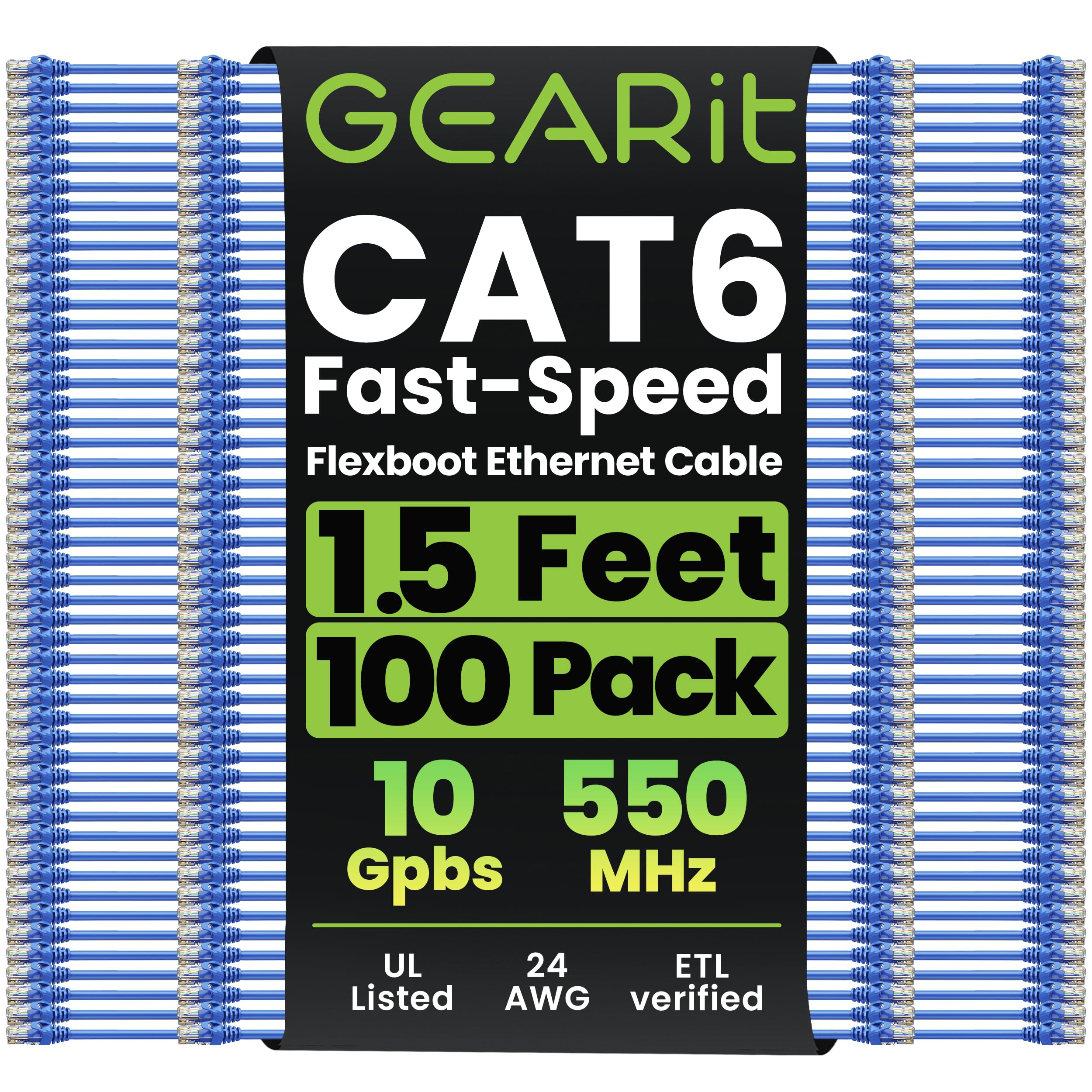 GEARit 100-Pack Cat6 Patch Cable 1.5 Feet / 18 Inches Cat 6 Ethernet Cable Snagless Flexible Soft Tab - Premium Series - Blue