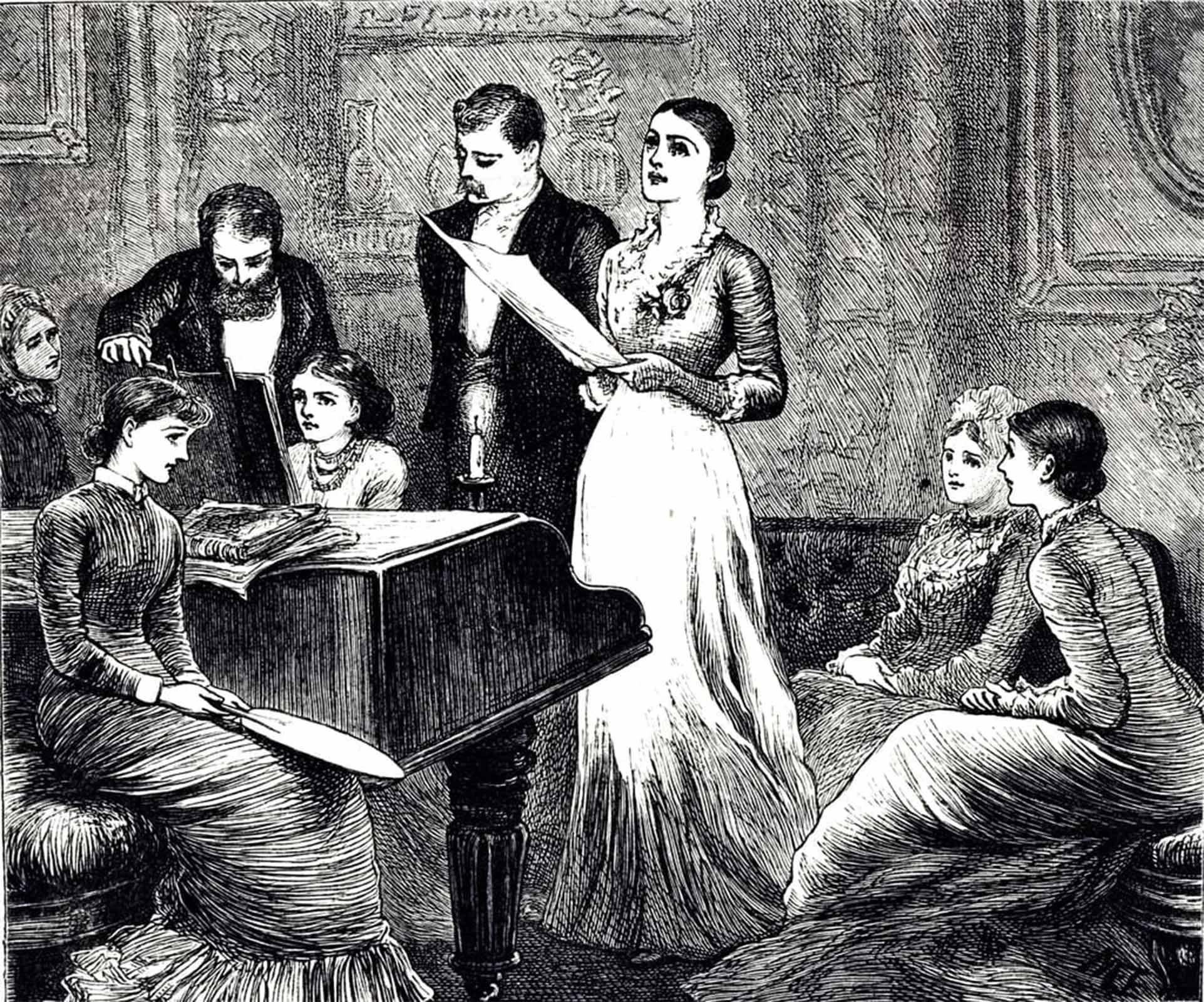 Tableaux une gravure représentant une soirée musicale pour habiller un mur vide