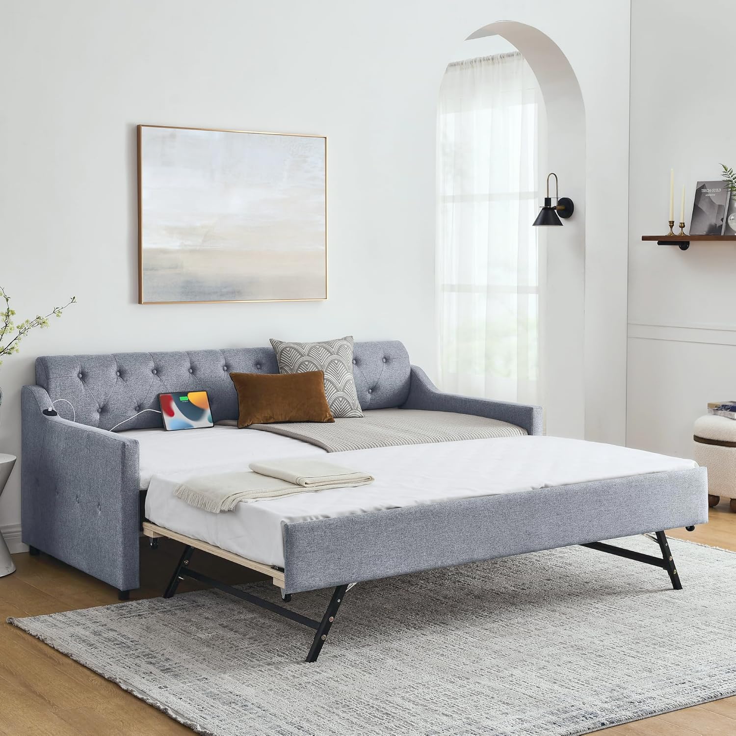 KEIKI Twin Size Upholstery Daybed with Trundle and USB Charging Design, Twin to King Design Mid-Century Extendable Sofa Bed, Easy Assembly, No Box Spring Required, for Living Room, Grey
