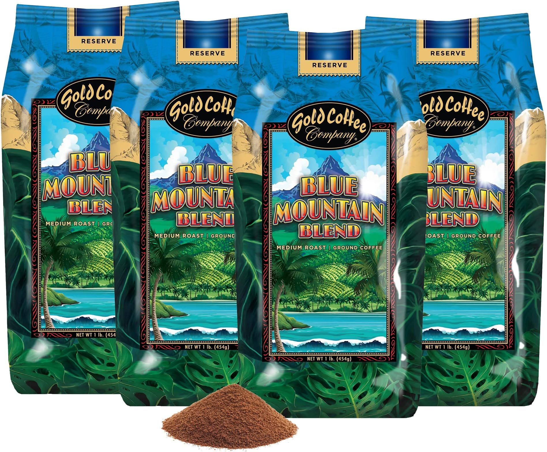 Gold Coffee Co. Blue Mountain Premium Blend - Medium Roast, Finely Ground 100% Arabica Coffee - Notes of Cocoa, Sweet Honey, Citrus Notes, 1 lb. (Pack of 4)