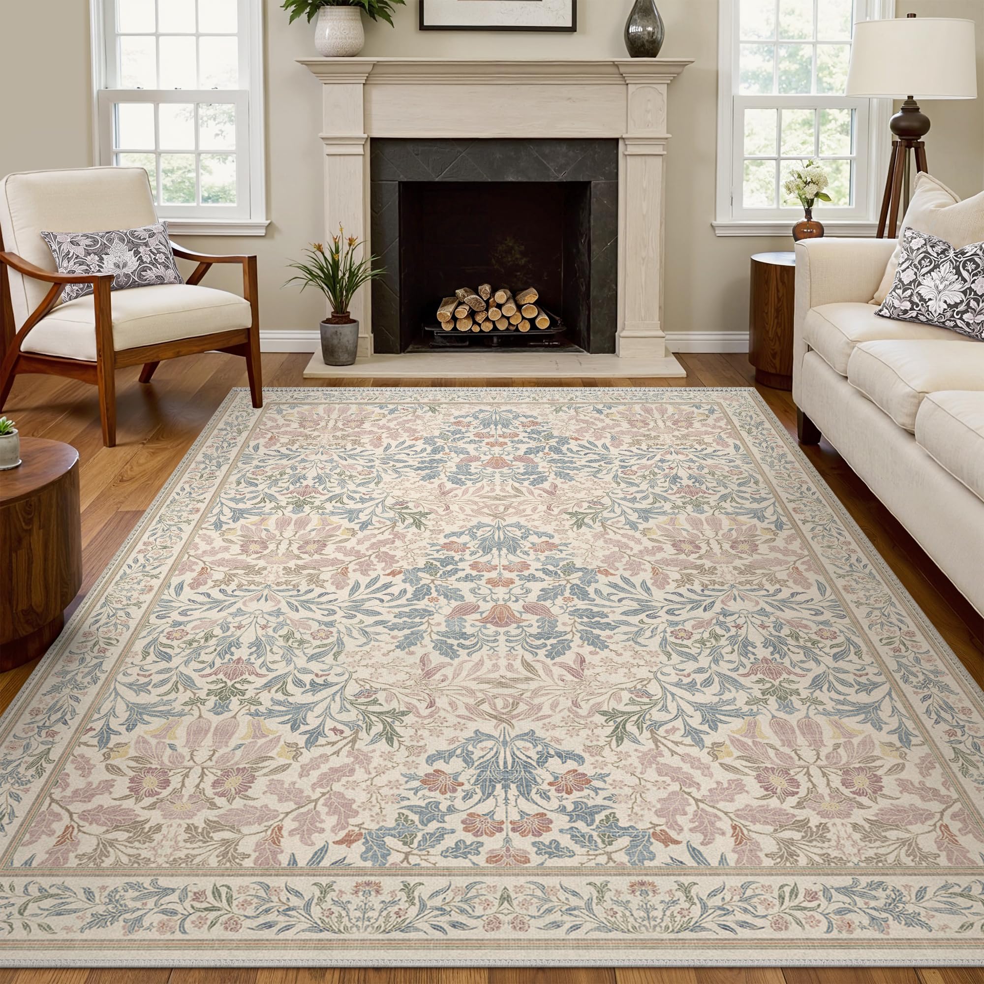 Bavni Floral Beige Pink Area Rugs 6x9, Vintage Boho Carpet Machine Washable, Non Slip Soft Low Pile Thin Rug for Bedroom, Living Room, Dining Room,