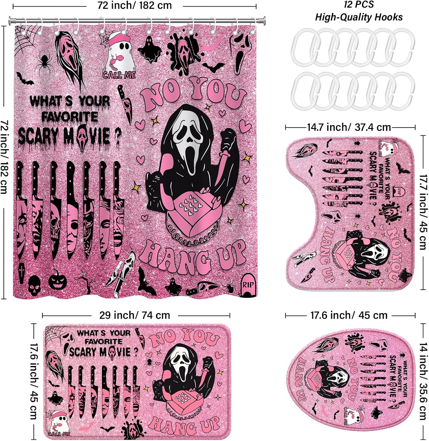 KAIRA 4 Pcs Pink Horror Shower Curtain Set with Rugs, Funny Spooky Bathroom Decor, Waterproof Halloween Bathroom Set with Mats and Accessories, Gothic Bathroom Decor