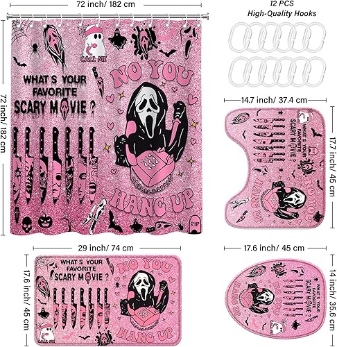 Miniatura 2 de KAIRA Juego de 4 cortinas de ducha de terror rosa con alfombras, divertida decoración de baño espeluznante, juego de baño impermeable para Halloween