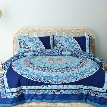 Sleepdown Duvet Cover Set - Blue - Paisley Mandala Geometric - Abstract Reversible Quilt Cover Easy Care Bed Linen Soft Cosy Bedding Sets with Pillowcases - King 220cm x 230cm