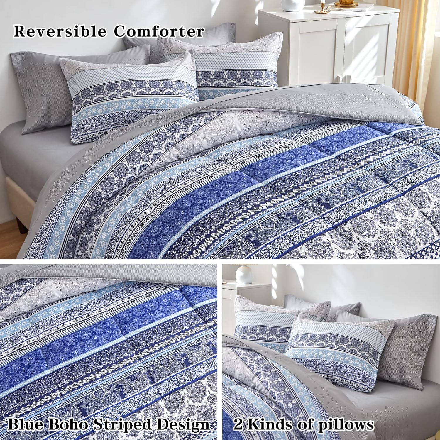 Flysheep Bohemian Striped Bed in a Bag 7 Pieces Queen Size, Boho Blue Grey Geometric Pattern Reversible Bed Comforter Set (1 Comforter, 1 Flat Sheet, 1 Fitted Sheet, 2 Pillow Shams, 2 Pillowcases) - Image 3