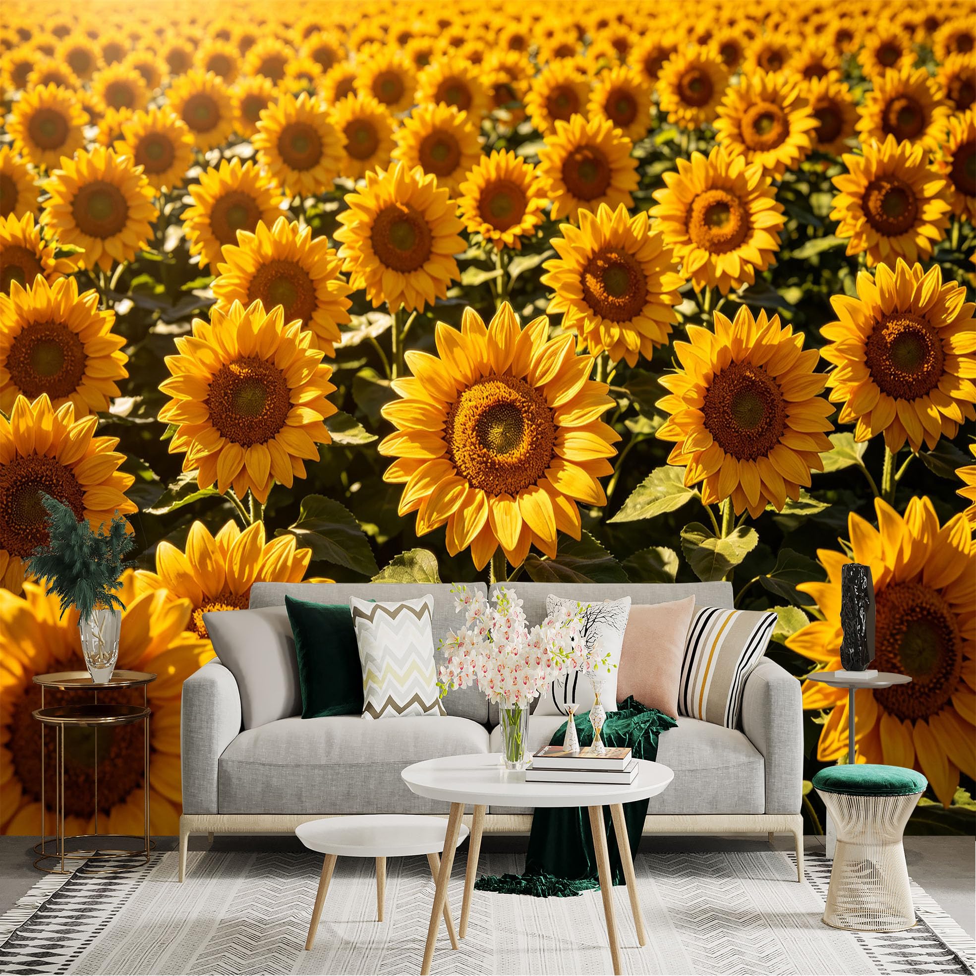Lnzczhyre Dbh260521849 Custom Size Wall Sticker Mural， Vibrant Golden Sunflower Field， Warm Sunny Floral Landscape， Rustic Countryside Nature Scenery， For Wall Decoration， Peelandstick Wall Decals.