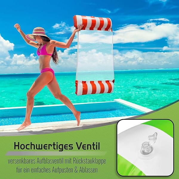 Balinco – Amaca gonfiabile ad acqua con 2 camere d'aria e rete di nylon per piscina – Materassino galleggiante per adulti e bambini – Accessori estivi per piscina (verde/bianco + rosso/bianco) - 4