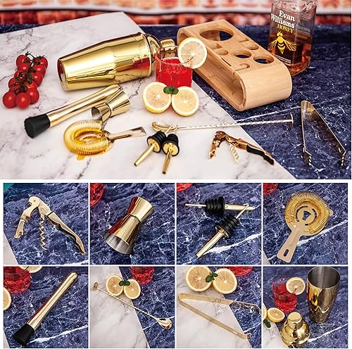 Miniatura 5 de AUOXIOUYM Juego de 10 cocteleras de Martini doradas, juego de coctelera de acero inoxidable, kit de barman de 25 onzas, juegos de herramientas de