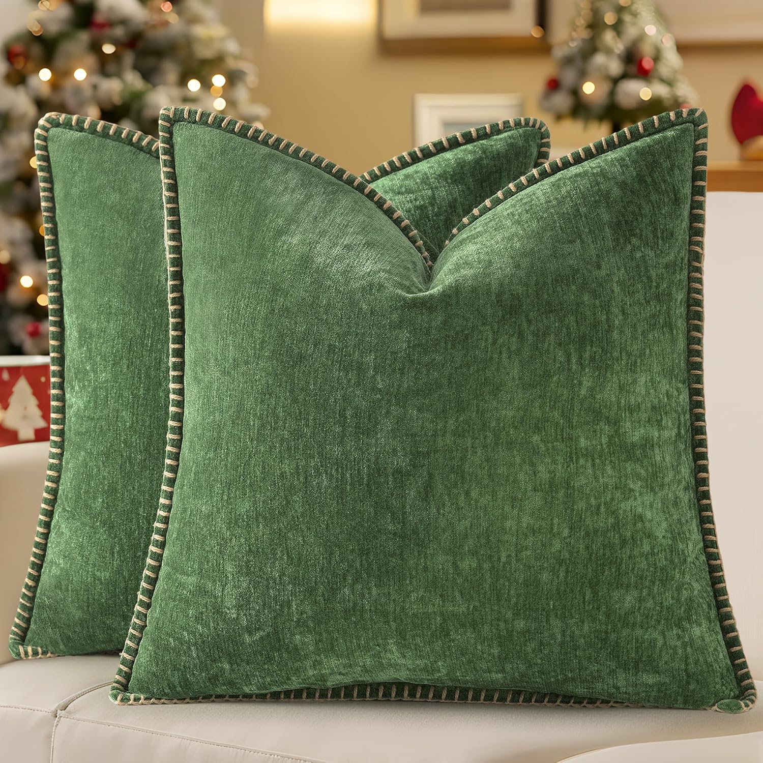 decorUhome Christmas Chenille Soft Throw Pillow Covers 16x16 Set of 2, Farmhouse Velvet Neutral Decorative Euro Fall Pillow Covers with Stitched Edge for Couch Sofa Bed Home Decor, Forest Elf Forest Elf 16" x 16" (Pack of 2)