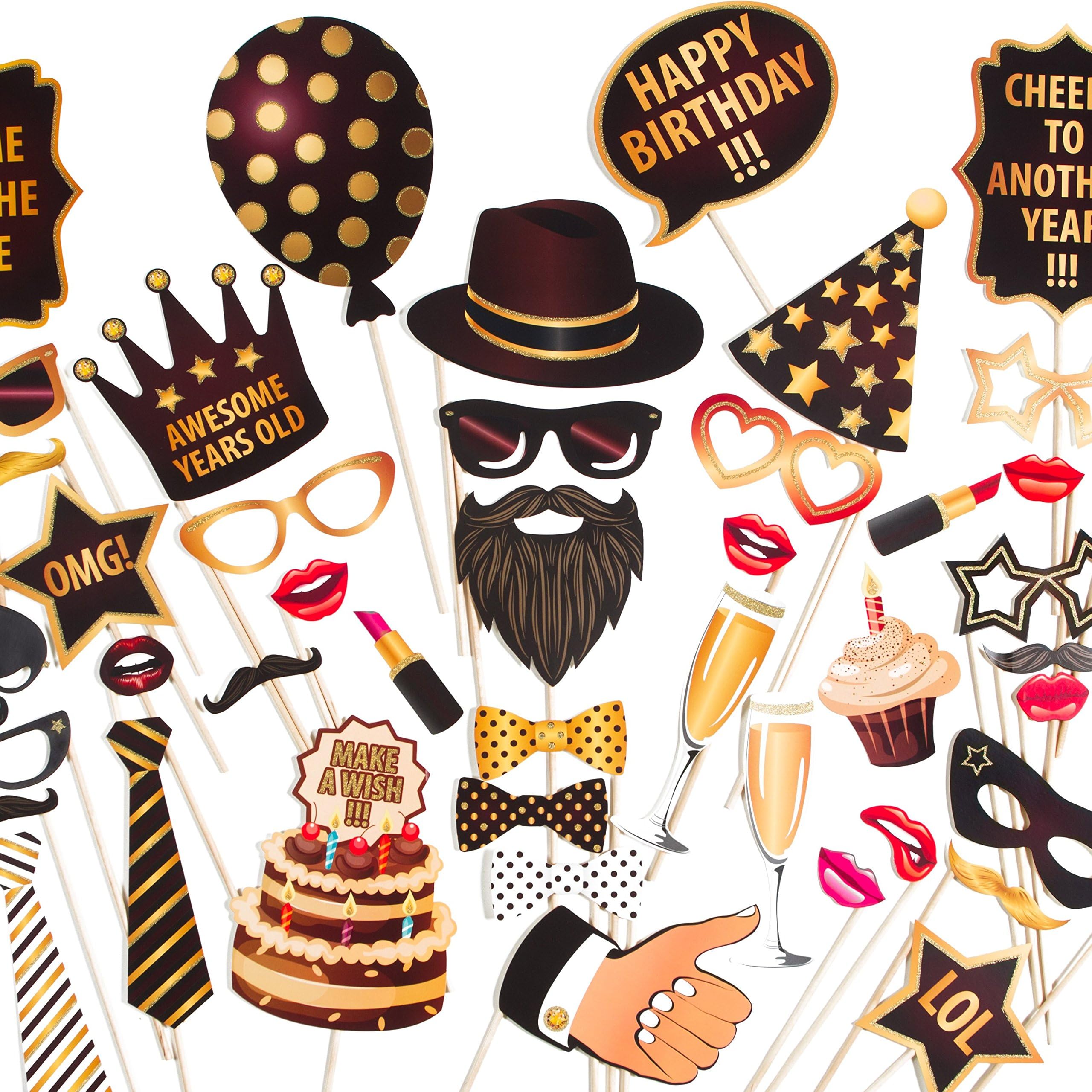 ZEZAZU Happy Birthday Party Photo Booth Props Funny DIY Kit 44 Pieces Luxury Edition With Real Glitter