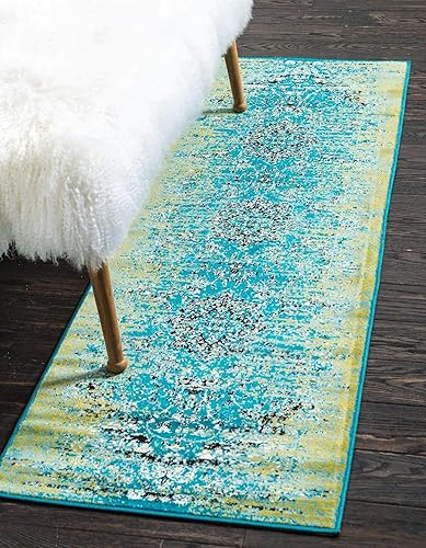 Unique Loom Imperial Collection - Alfombra de área tradicional de colores brillantes, floral, vintage, 2 x 6 pies, azulverde