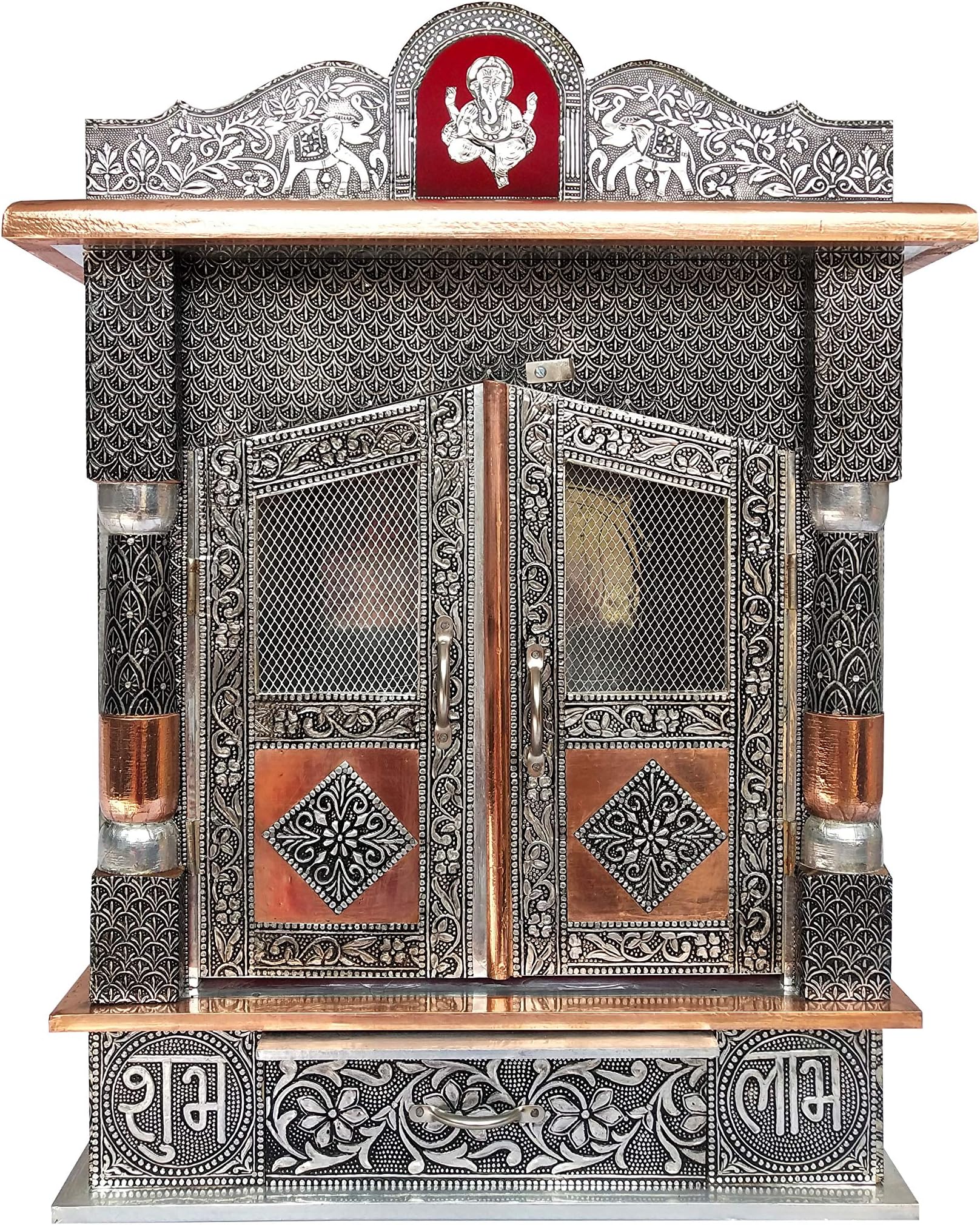 Brilliant Home Designs Wood Aluminium and Copper Oxidized Home Temple/Ghar Pooja Mandir B-7 inches Door (Silver, Size- L-15 )