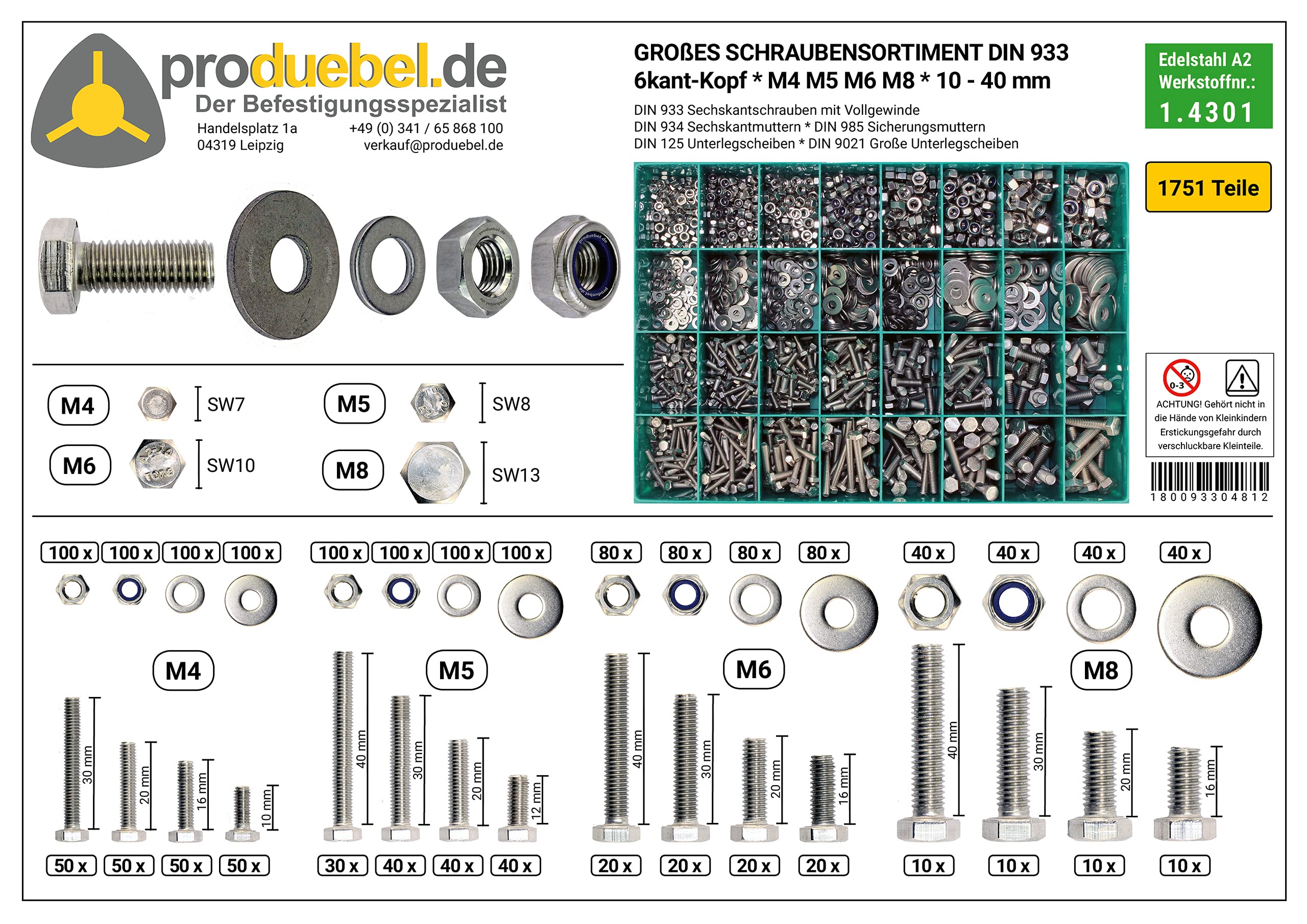 Sparset Großes 6-kant Schraubensortiment DIN 933 Edelstahl A2 V2A M4/M5/M6/M8/M10/M12 * 2001-tlg. (Standard-Box)
