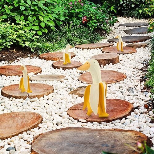 Miniatura 6 de Weysat 4 piezas de escultura creativa de estatua de pato de plátano de resina divertida y caprichosa para patio, figura de pato de plátano amarillo