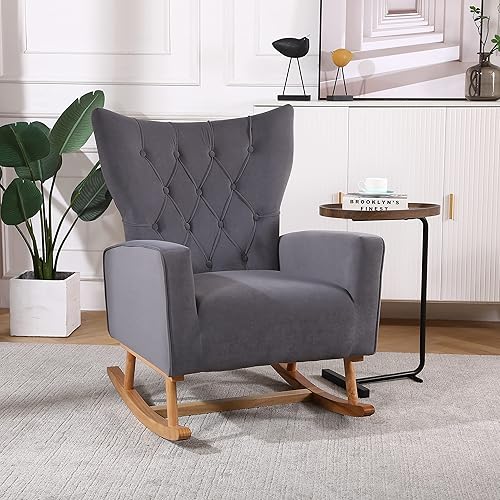 Accent Rocking, mecedora tapizada de terciopelo de mediados de siglo con patas de madera, sillón de lectura para sala de estar, asiento acolchado,