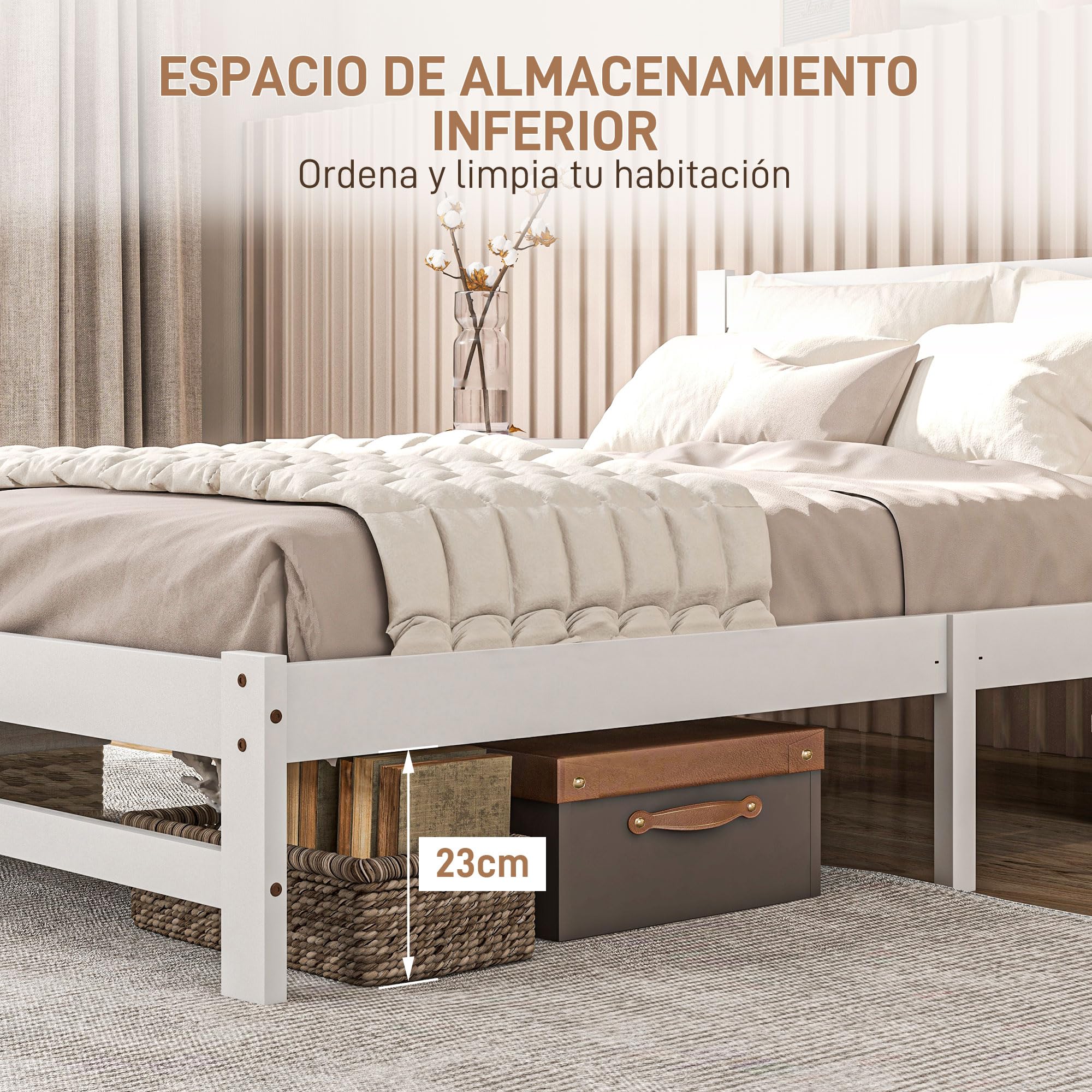 HOMCOM Marco de Cama de Madera con Somier Doble 195x141 cm 300 kg Blanco | Estructura de Cama Doble, para Colchón de 135x190 cm, No Incluido