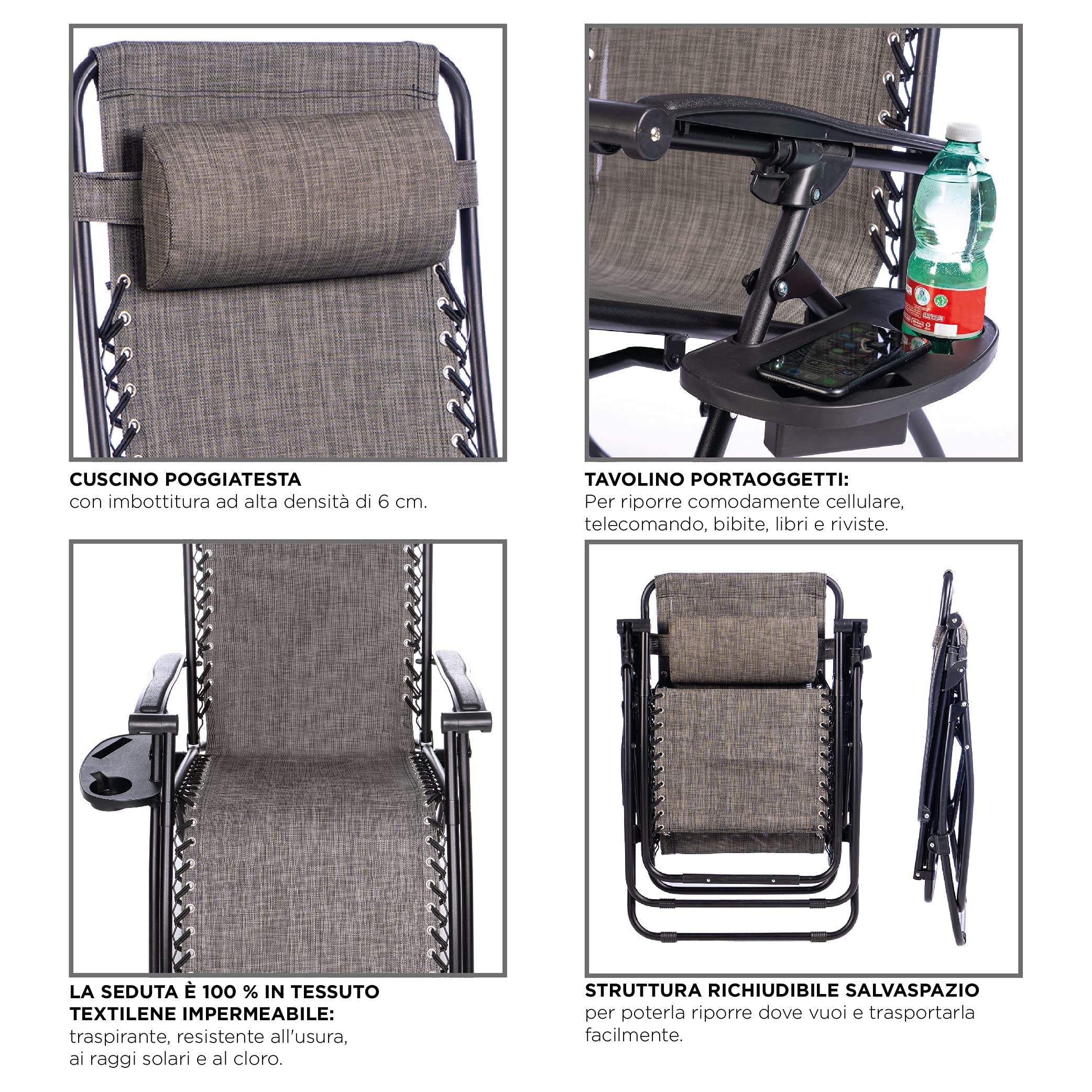 Enrico Coveri Sedia Sdraio Relax Reclinabile Con Cuscino Imbottito E Portaoggetti, Struttura In Textilene E Acciaio Con Tubolare Rinforzato, Perfetta Per Casa e Giardino (Grigio)