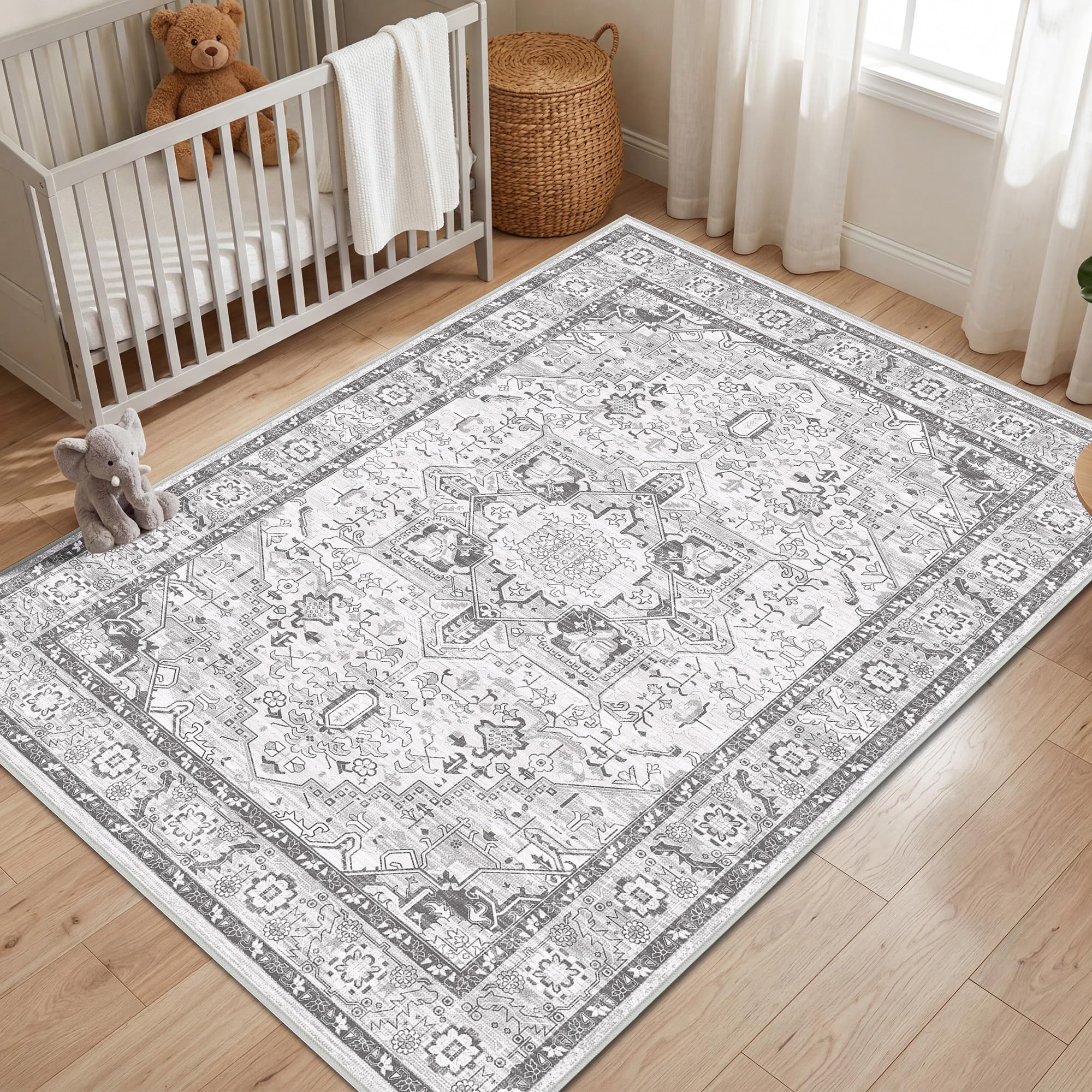 Autsel Rugs for Living Room Bedroom 120x170cm, Small Machine Washable Area Rugs Non-slip, Vintage Boho Rugs, Soft Short Pile Carpet, Grey Runner Rugs for Hallway, Carpet for Kitchen, Office