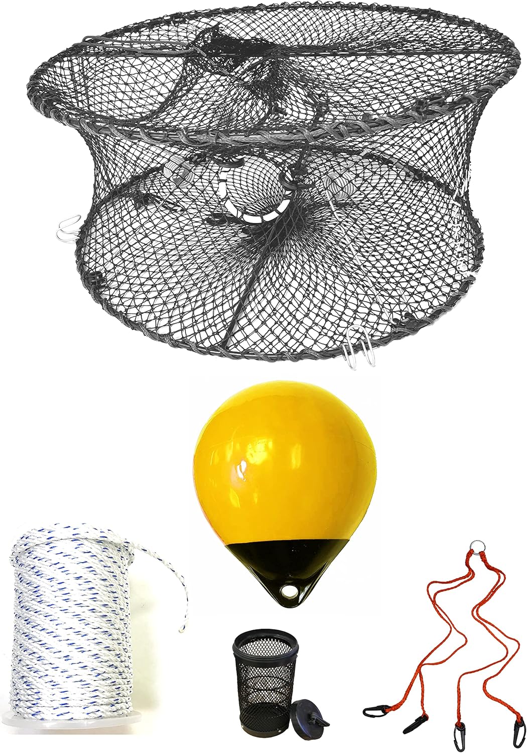 KUFA Sports Foldable Prawn Trap (Stretched Mesh Size:1-3/4") with 400' Rope, Yellow Float, Bait Bag & Harness Combo