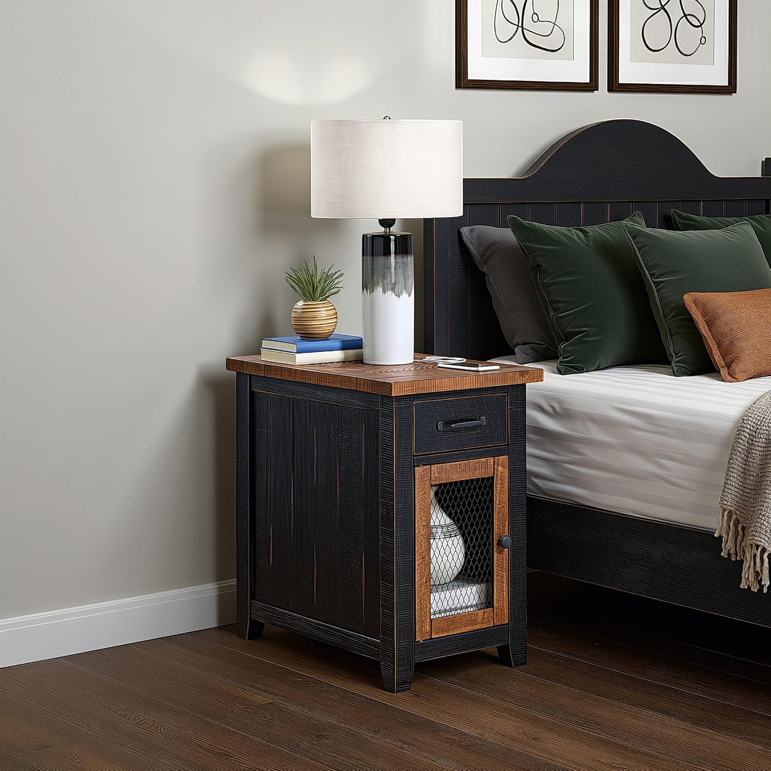 Martin Svensson Home Solid Wood Black and Honey Rustic Chairside End Table with Power and Storage