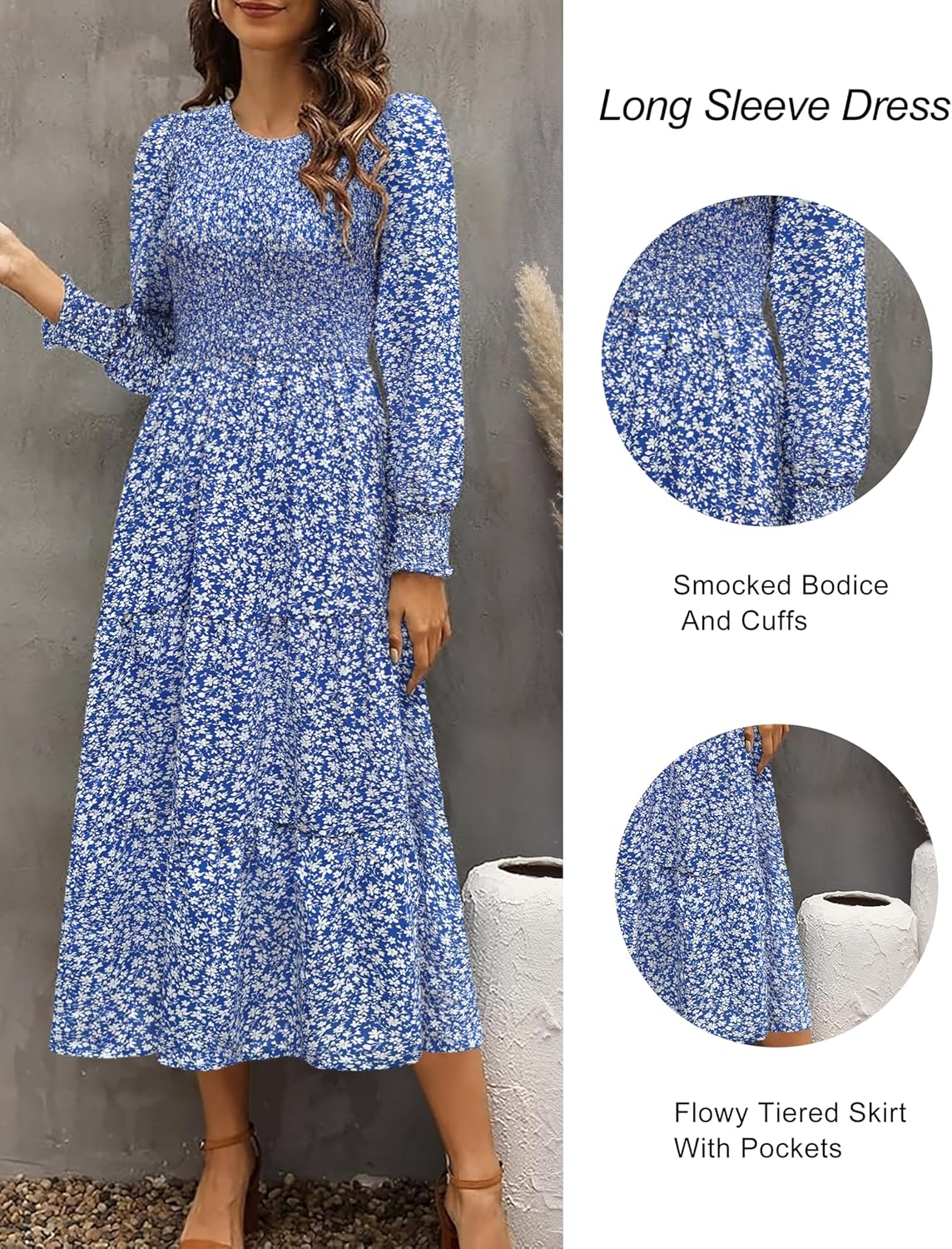 Zattcas Womens Spring Dresses 2026 Casual Long Sleeve Smocked Boho Floral Tiered Midi Wedding Guest Dress with Pockets