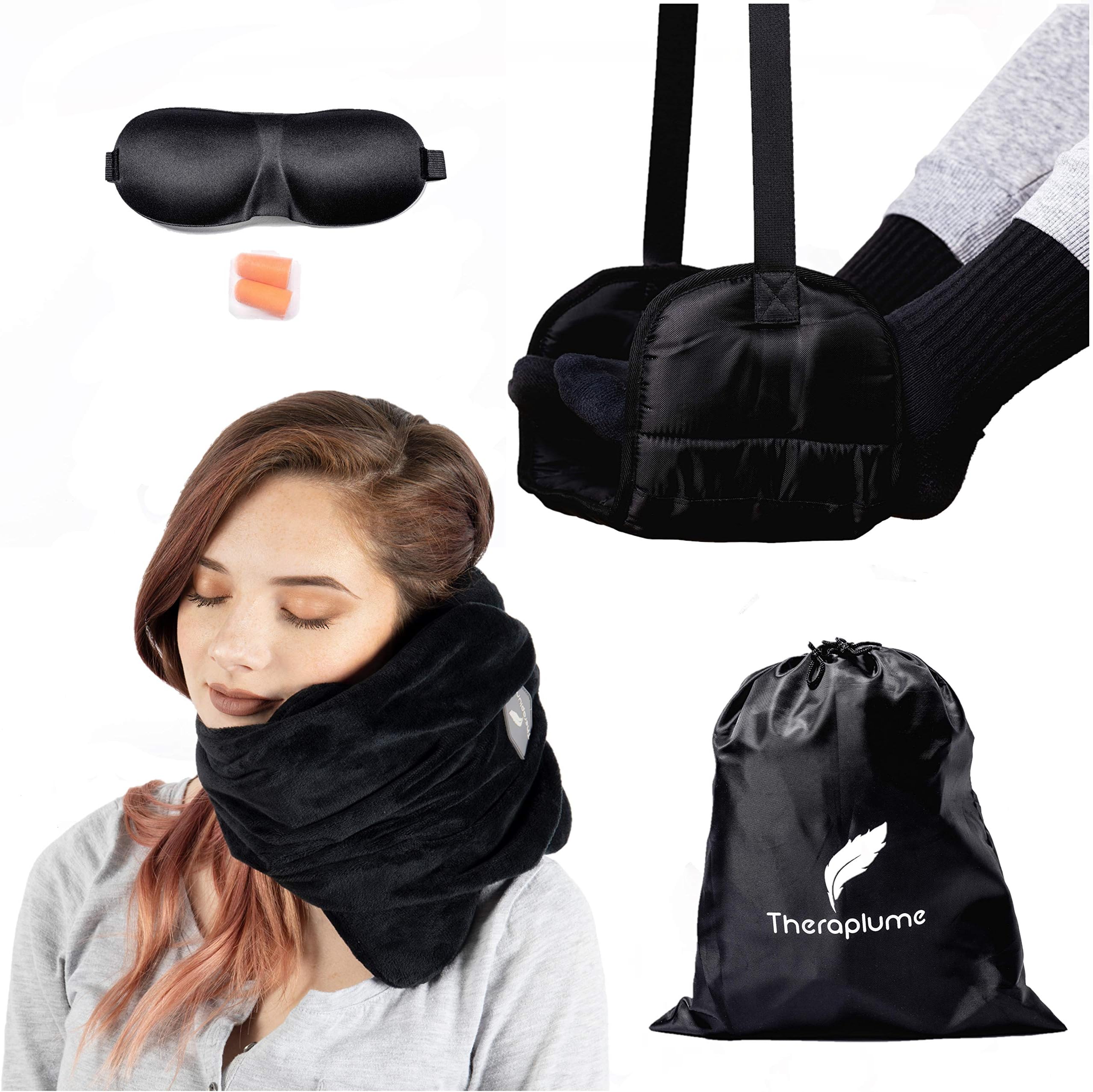 Scarf Pillow and Travel Accessories Kit: Neck Support Travel Pillow and Foot Rest Hammock with Memory Foam Earplugs, Adjustable Sleep Mask and Black Drawstring Bag - Air Travel Essentials