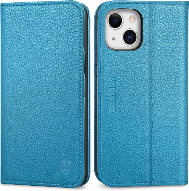 SHIELDON Case for iPhone 13 5G 6.1", Genuine Leather Phone Case with [RFID Blocking][Card Slots][Kickstand][Shockproof TPU] Magnetic Flip Cover Compatible with iPhone 13, Litchi Grain Light Blue