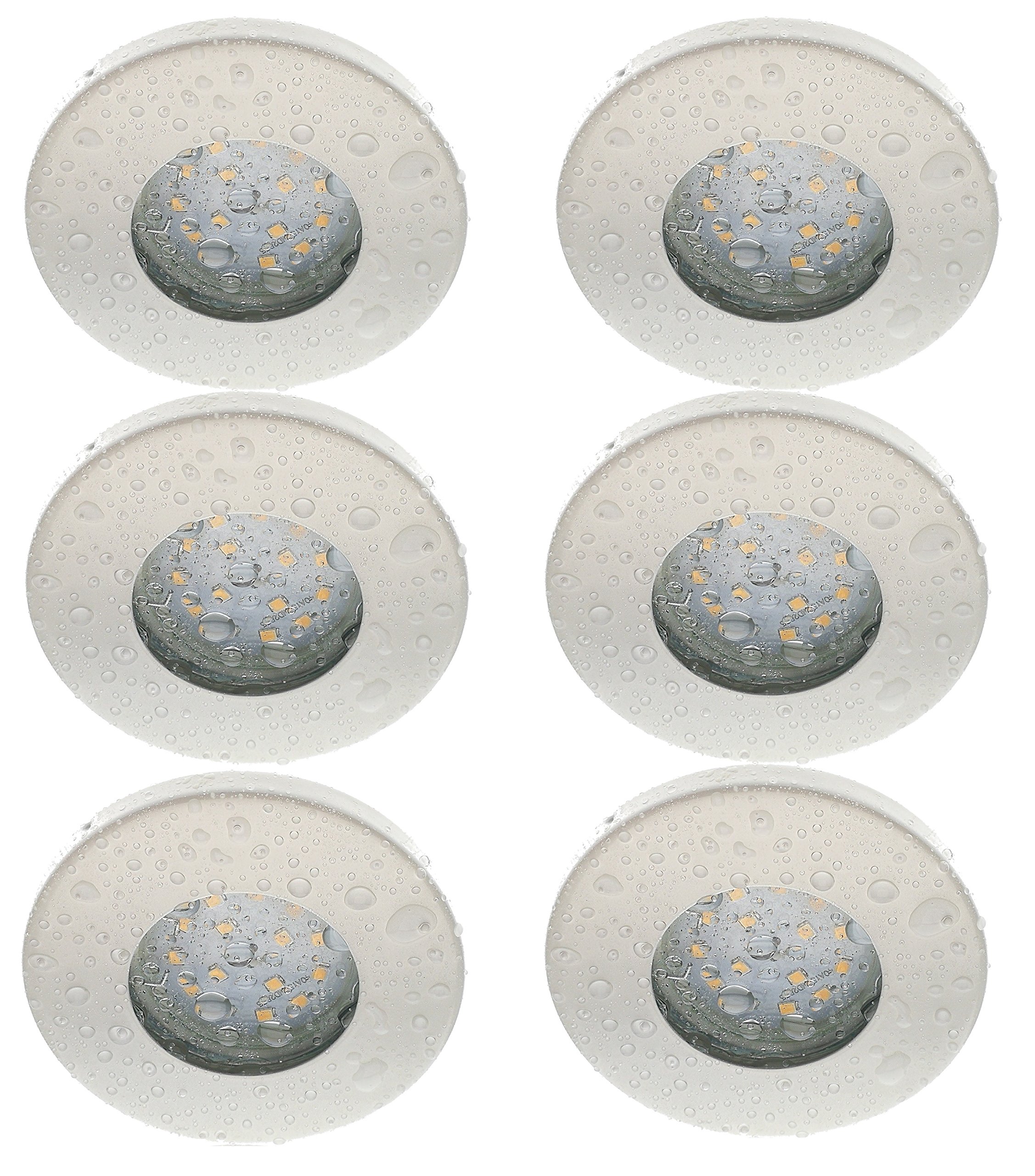 Trango 6er Set 6729IP-066MO Einbaustrahler IP44 aus Edelstahl in Weiß matt inkl. 6x 3000K warmweiß Ultra Flach LED Modul für Bad, Dusche, Einbauspots, Deckenstrahler, Deckenlampe, Badleuchte