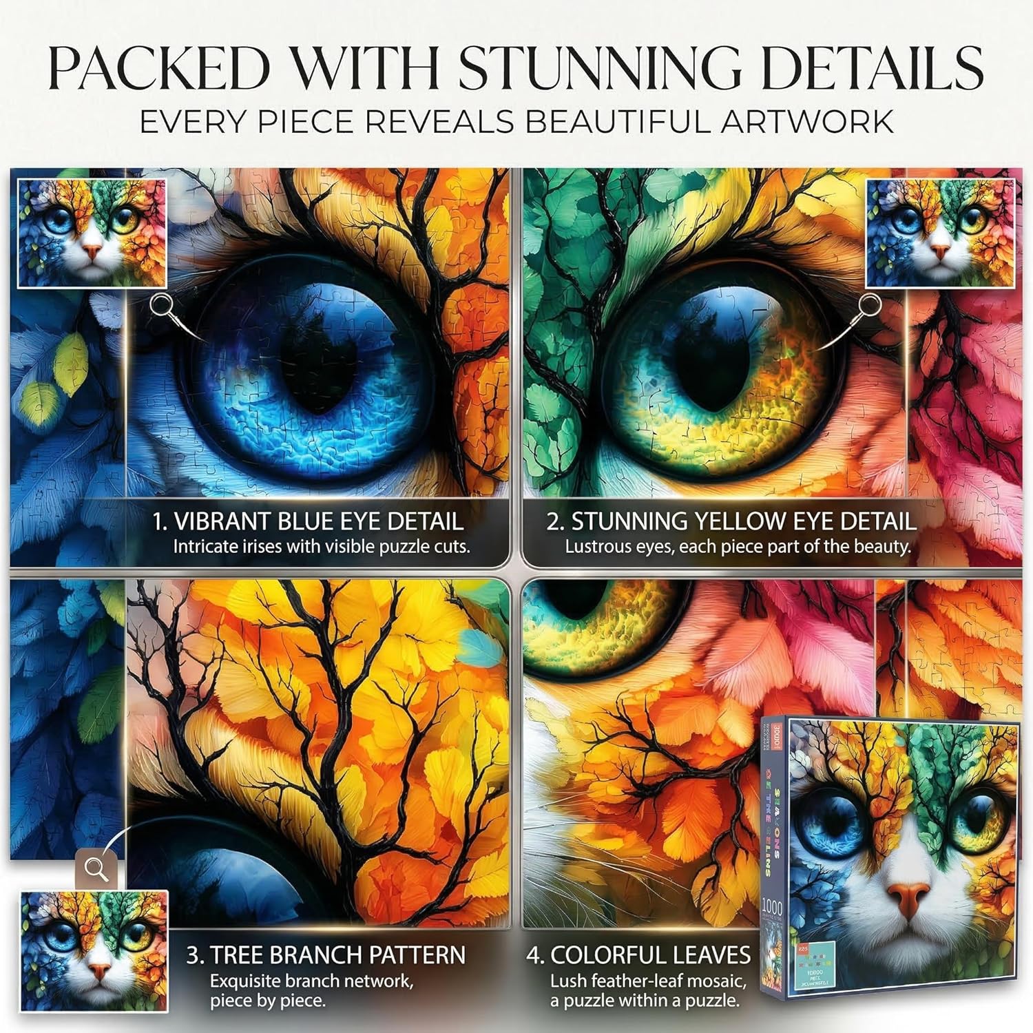 Seasons of The Feline 1000 Piece Jigsaw Puzzle, Four Seasons Cat Art Puzzle for Adults, Vibrant Colors, Premium Magnetic Box & Poster, Challenging Puzzle Gift for Cat & Nature Lovers