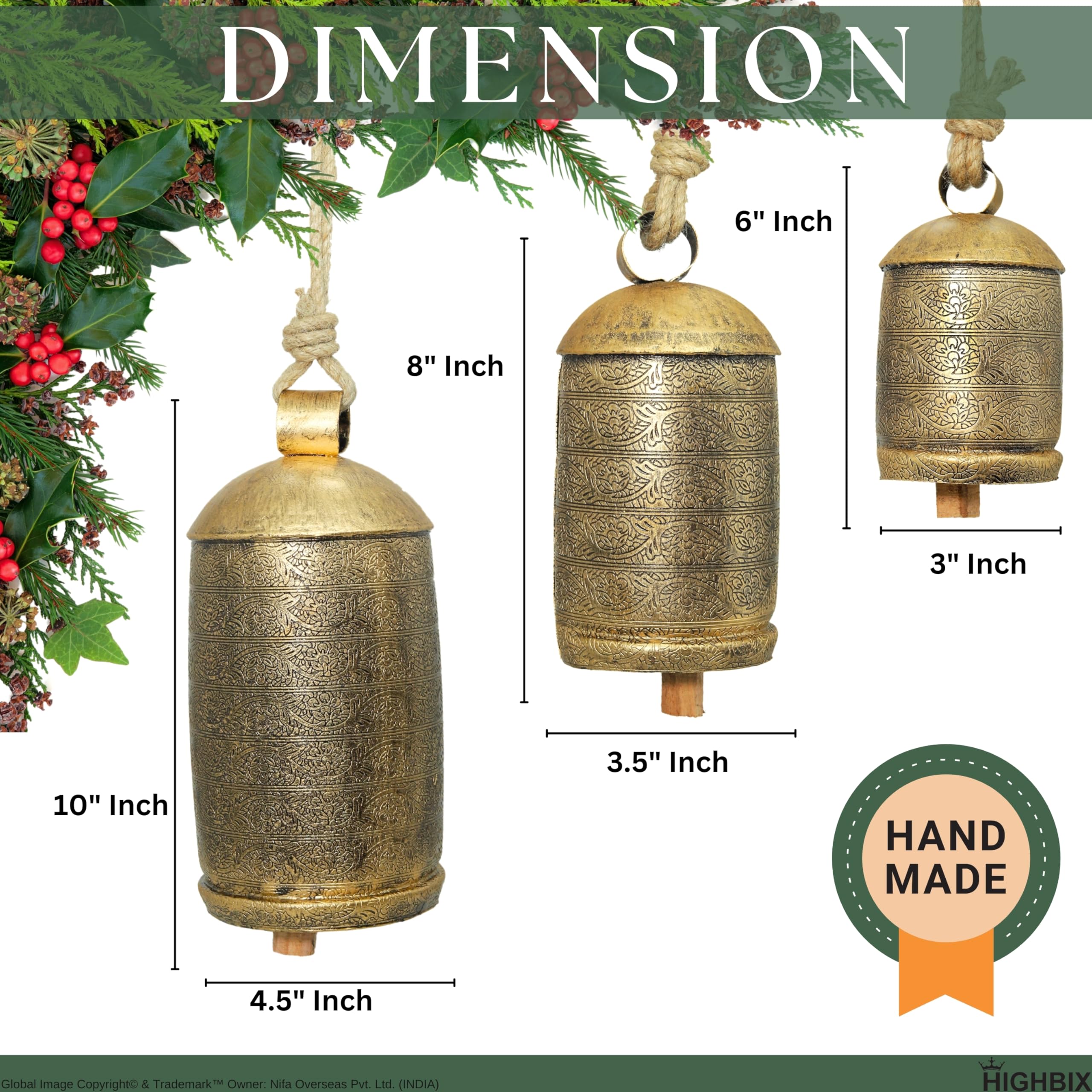 HIGHBIX Set Di 3 Campane In Metallo Fatte A Mano - Stile Shabby Chic Con Incisione Floreale, Finitura Vintage Per Decorazioni Da Giardino E Natalizie