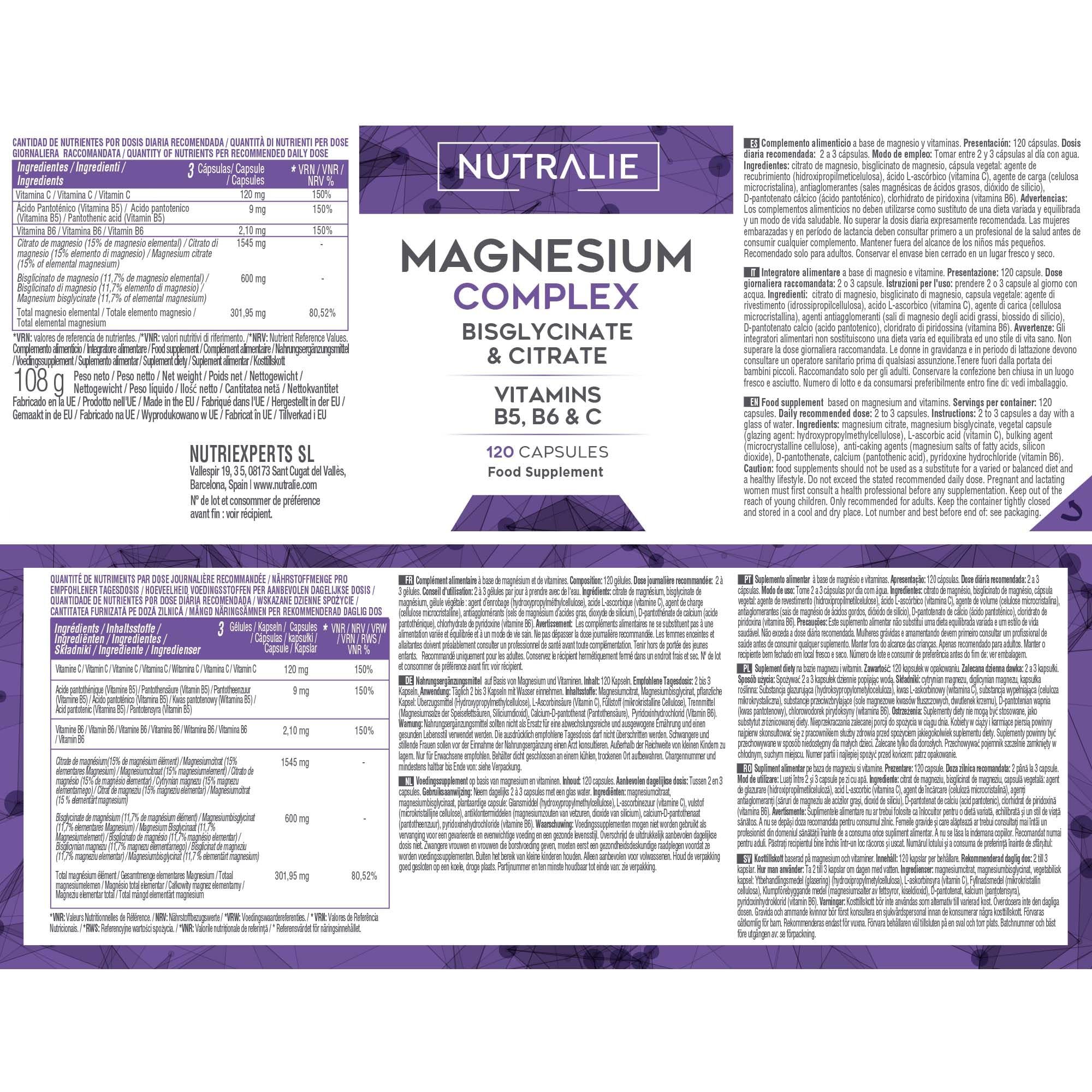 Magnesio Completo - Magnesio Citrato + Magnesio Bisglicinato 2145mg - Anti stress e Fatica - Integratore Magnesio con Vitamine B5, B6 e C Calcio | 120 Capsule Vegane Nutralie (Confezione da 2)