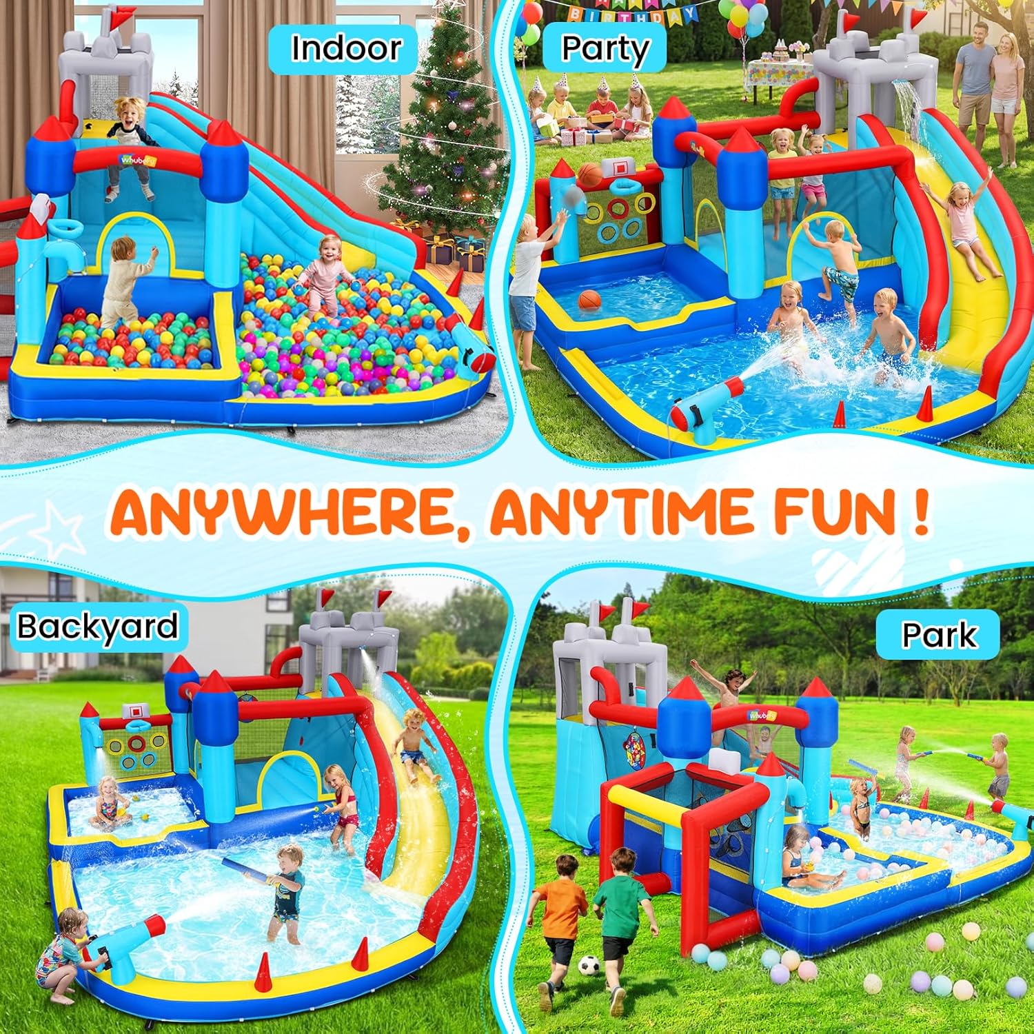 Whubefy 15x14.5ft Bounce House Water Slide Park, 13in1 Huge Blow up Waterslides Inflatable for Kids Backyard w/750W Blower, Pool, Soccer Goal, 5-hole Target Toss Game, Dart Board for Big Kids 8-12 3-6