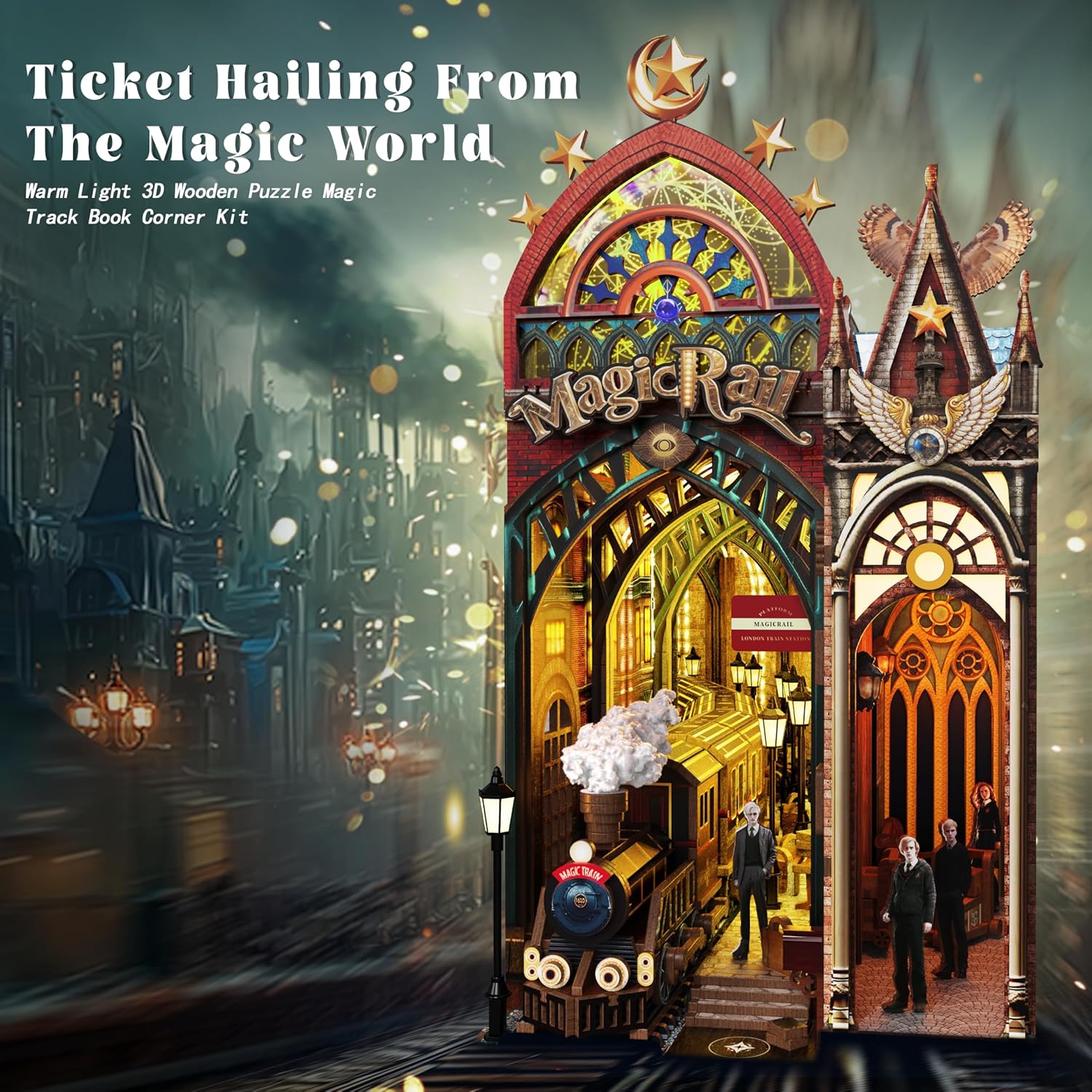 3D Wooden Puzzles for Adults, Magic Rail Train Station Book Nook Kit,LED 3D Puzzle Adult DIY Miniature Wood Model Building Kits with Music, Lights, Bookshelf Decor Gift for Christmas