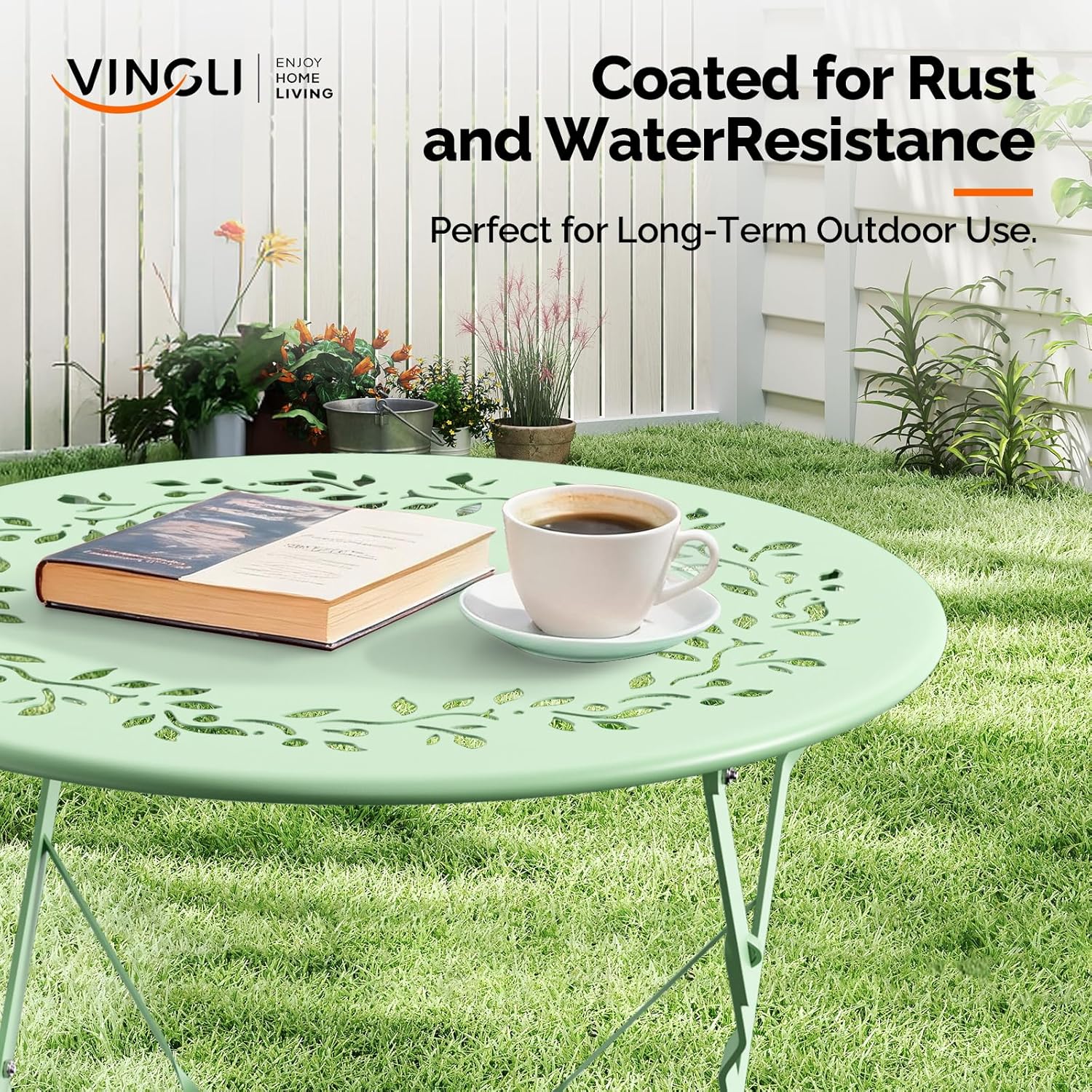 VINGLI Outdoor Folding Bistro Table and Chairs Set of 2, 3-Piece Bistro Set with Olive Leaf Cutout Design and Comfortable Cushions for Patio, Balcony, Garden, Porch, Yard, Mint Green