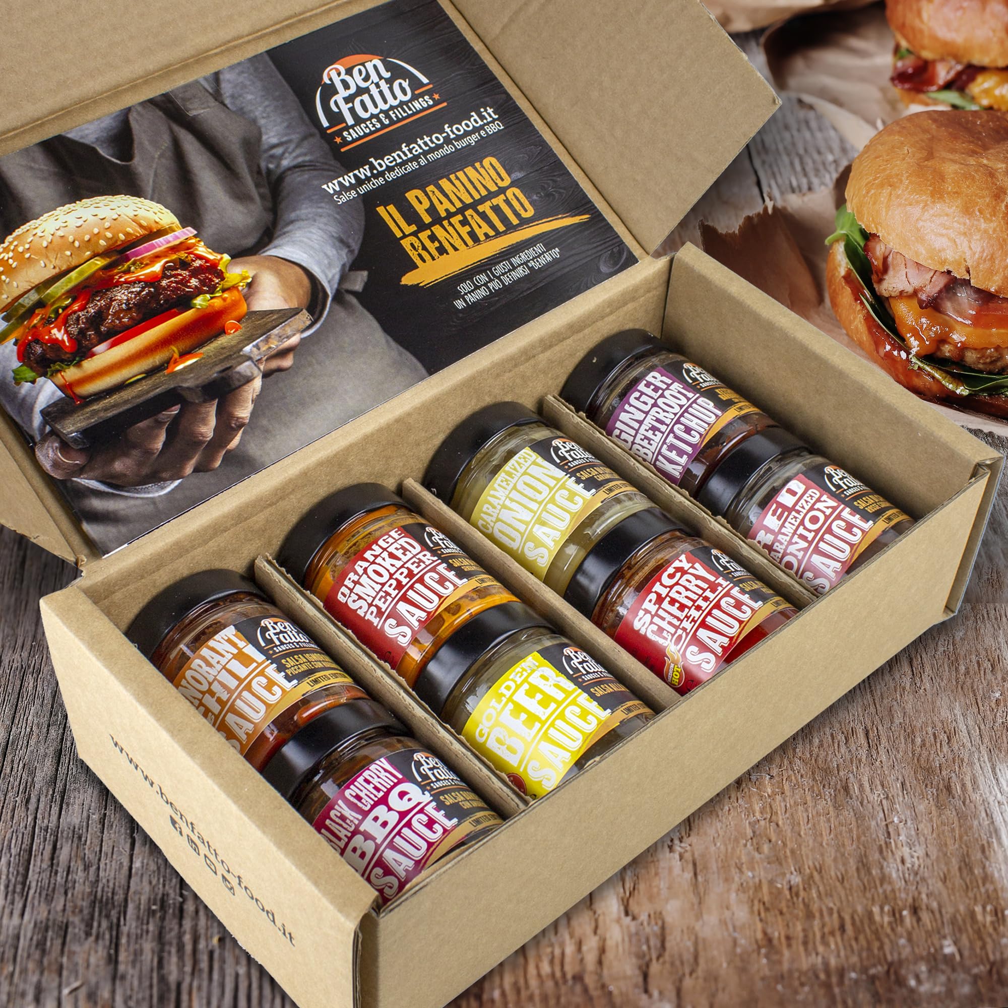 CONFEZIONE GOURMET Benfatto 8 vasi SALSE speciali per Hamburger e BBQ - CONFEZIONE REGALO - EDIZIONE LIMITATA - Made in Italy