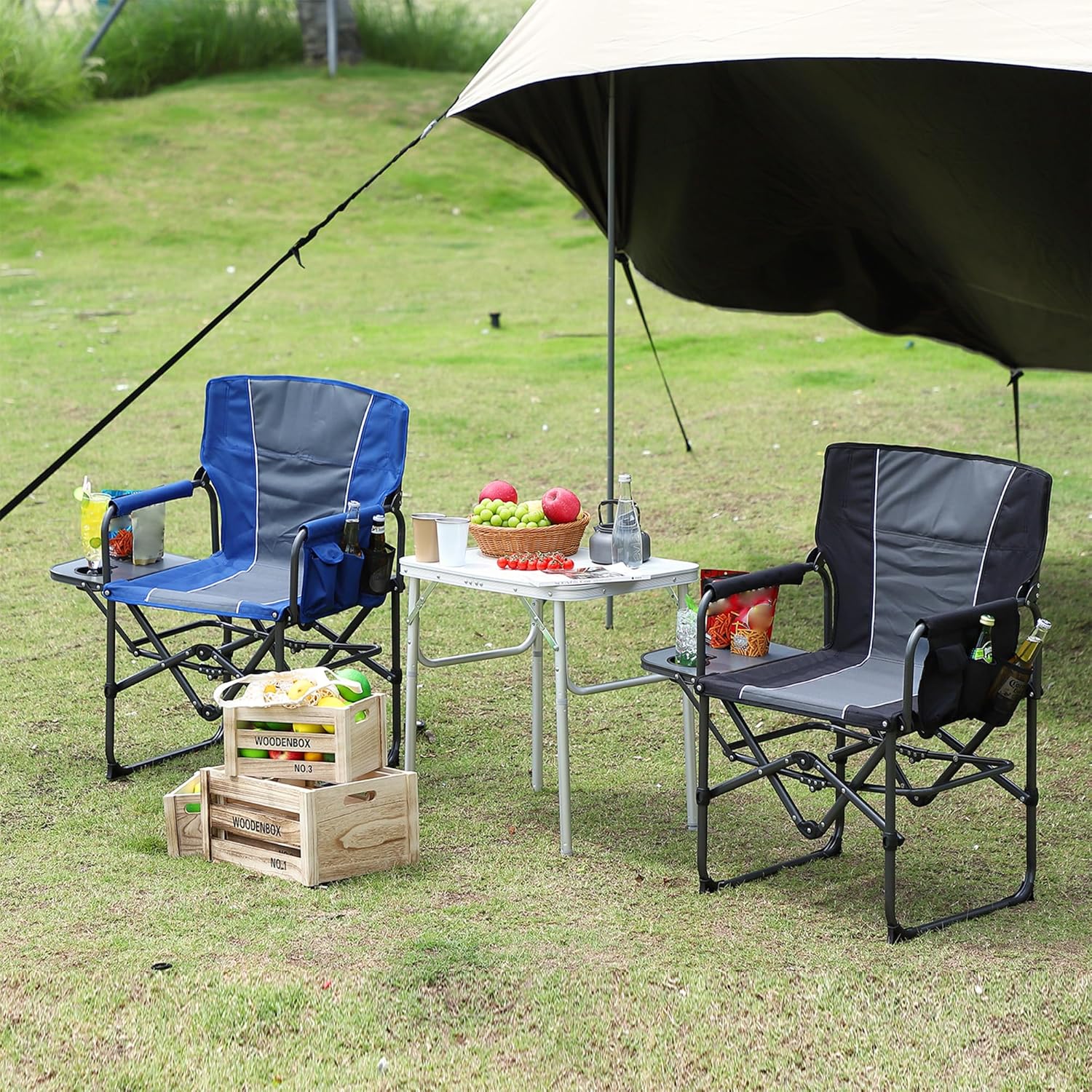 Folding Camping Chairs for Adults, Portable Lawn Chair with Side Table, Side Pocket & Beverage Holder, Heavy Duty Director Chair for Outside Rv Beach Yard Garden Deck