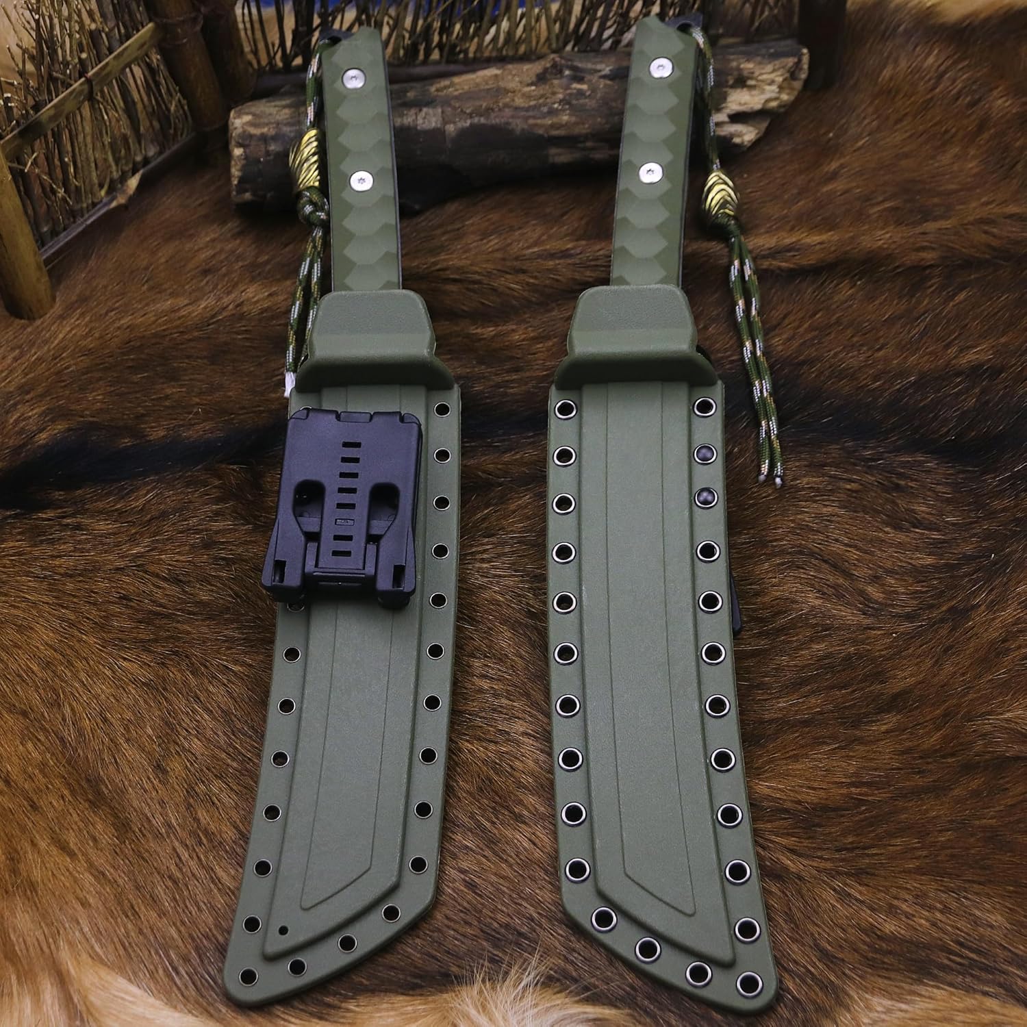 BA-KOR 15.8in Full Tang Japanese Style Outdoor Knife –8mm DC53 Steel, Nylon Fiber Handle &Sheath, Hunting Survival Knife+(5.9in) cerium igniter (Green handle and black blade (8mm))