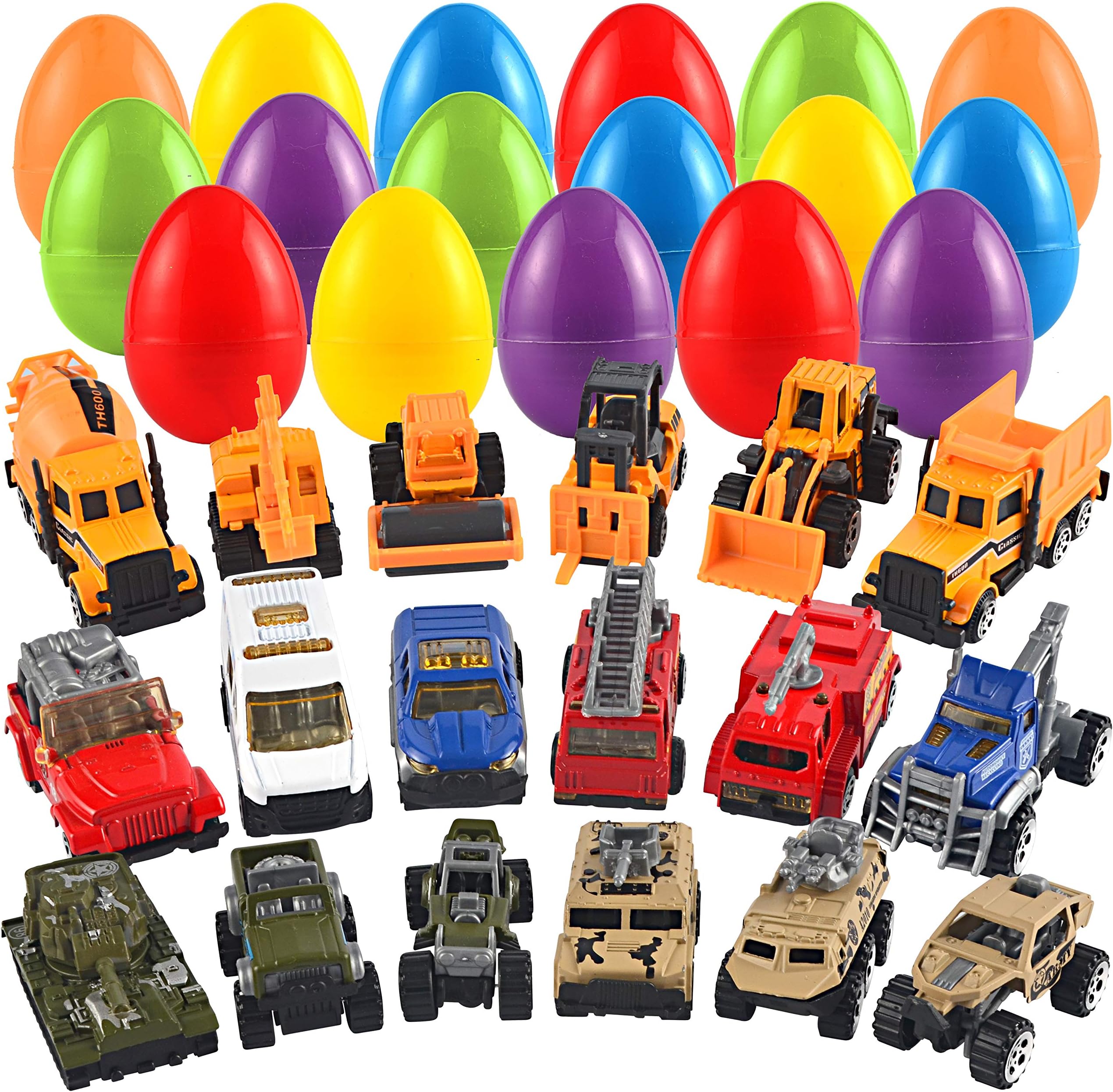 JOYIN 18 Pcs Jumbo Easter Eggs Filled with Die-cast Vehicles, Pull Back City Cars and Trucks Toy Prefilled Egg for Kids Basket Easter Stuffers, Party Favors and Easter Eggs Hunt