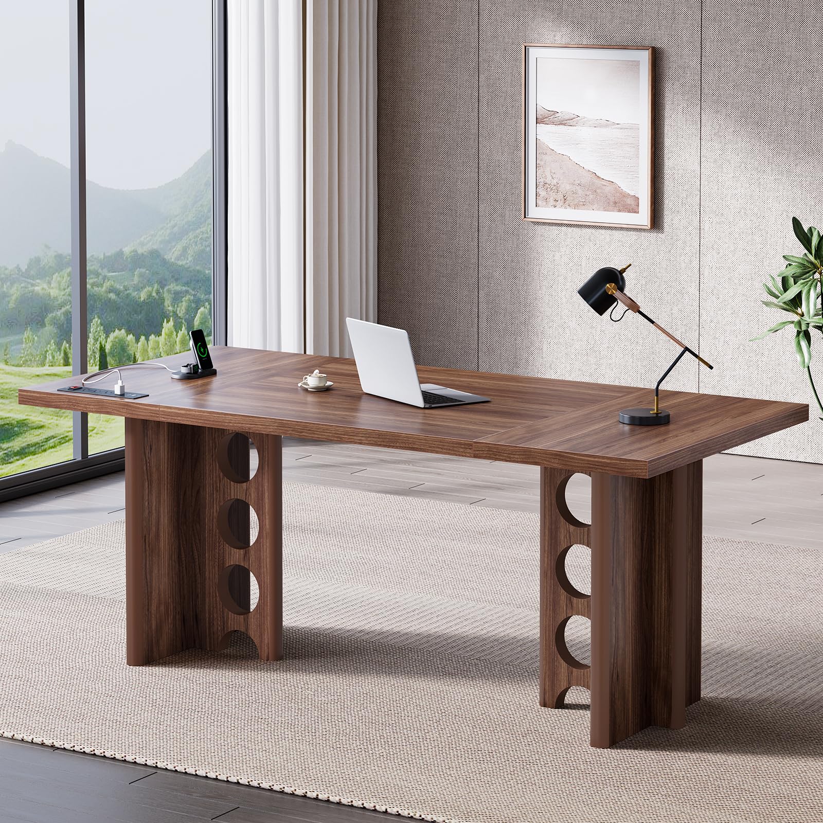 63 Inch Executive Desk, Large Computer Office Desks with Power Outlet, Modern Laptop Desk Writing Table Workstation Business Furniture (Brown)