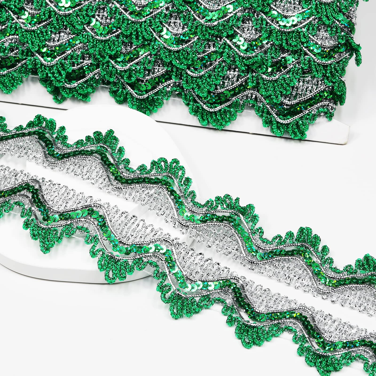 Length15 Yards，Width4cm/1.97Inch, Silver Green Sequin lace Trim Craft Ribbon Decorated Gimp Trim for Wedding Bridal, Performance Costumes or Jewelry, Crafts and Sewing （Silver & Green）