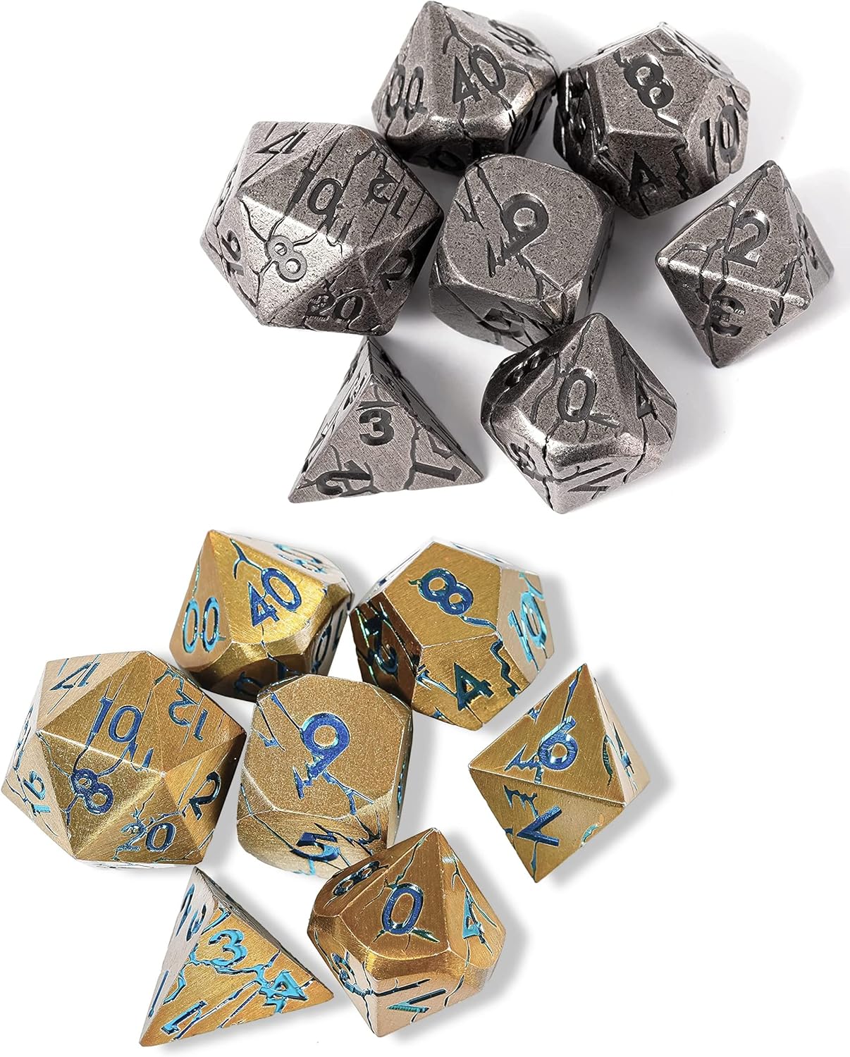 Cracked Iron Ruins Metal Dice + Gold Metal Dice with Blue Cracks