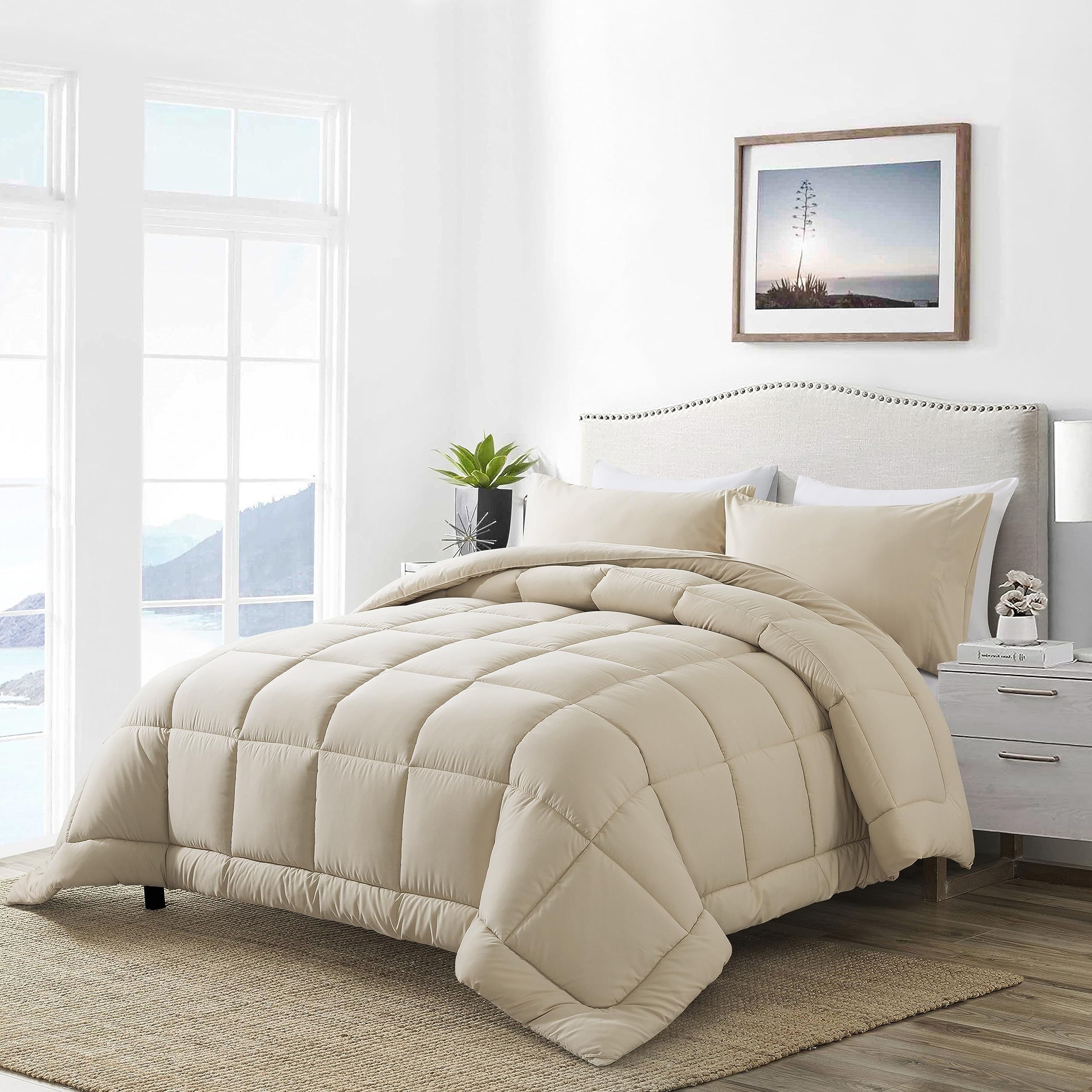 DOWNCOOL Queen Comforter Set -All Season Bedding Comforters Sets with 2 Pillow Cases-3 Pieces Bedding Sets Queen -Down Alternative Beige Queen Size Comforter Sets(88"x90")