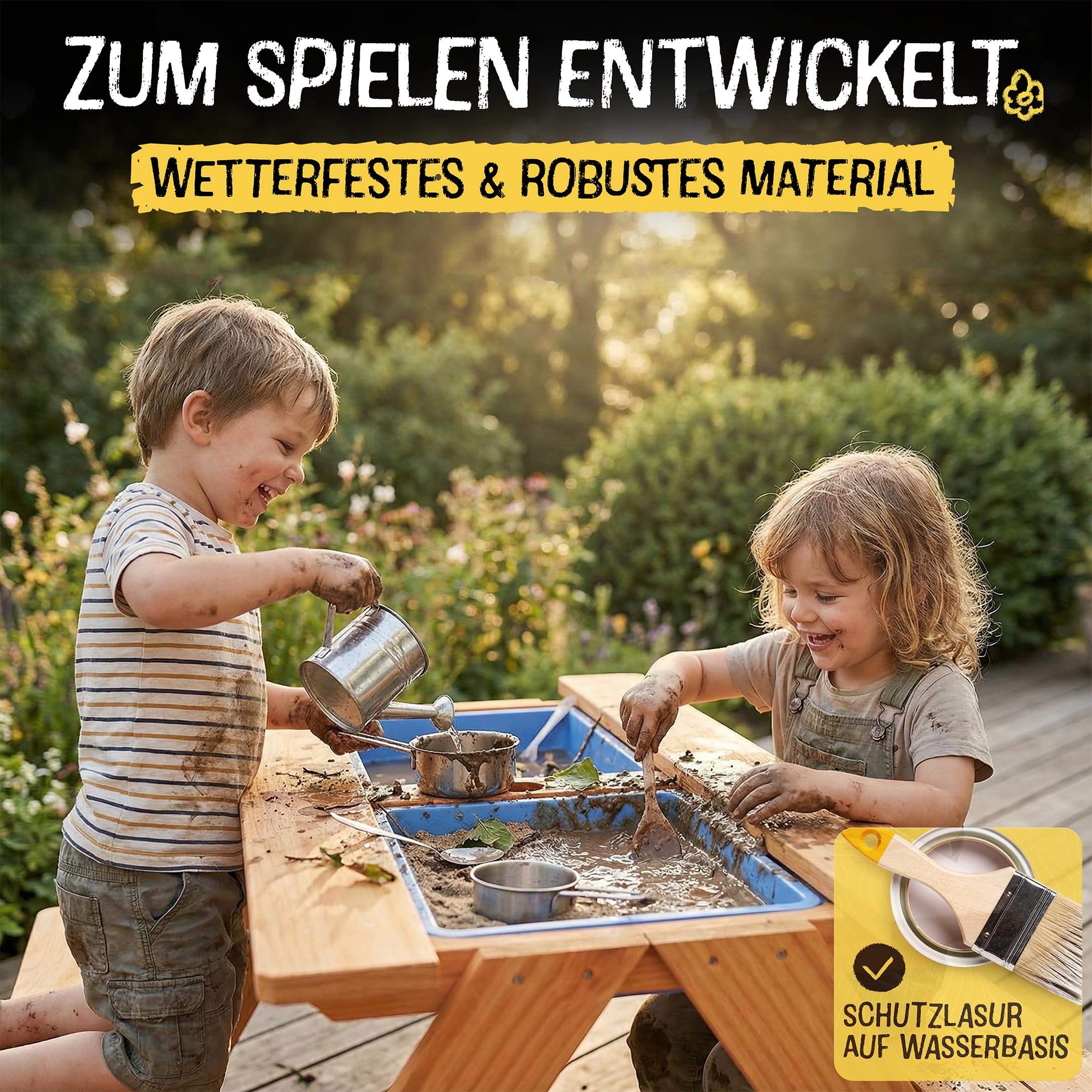 FRIEDO 2in1 Kindersitzgruppe Matschtisch lackiertem Holz Matschküche Wasserspieltisch Garten Kinder Gartenmöbel Outdoor Indoor